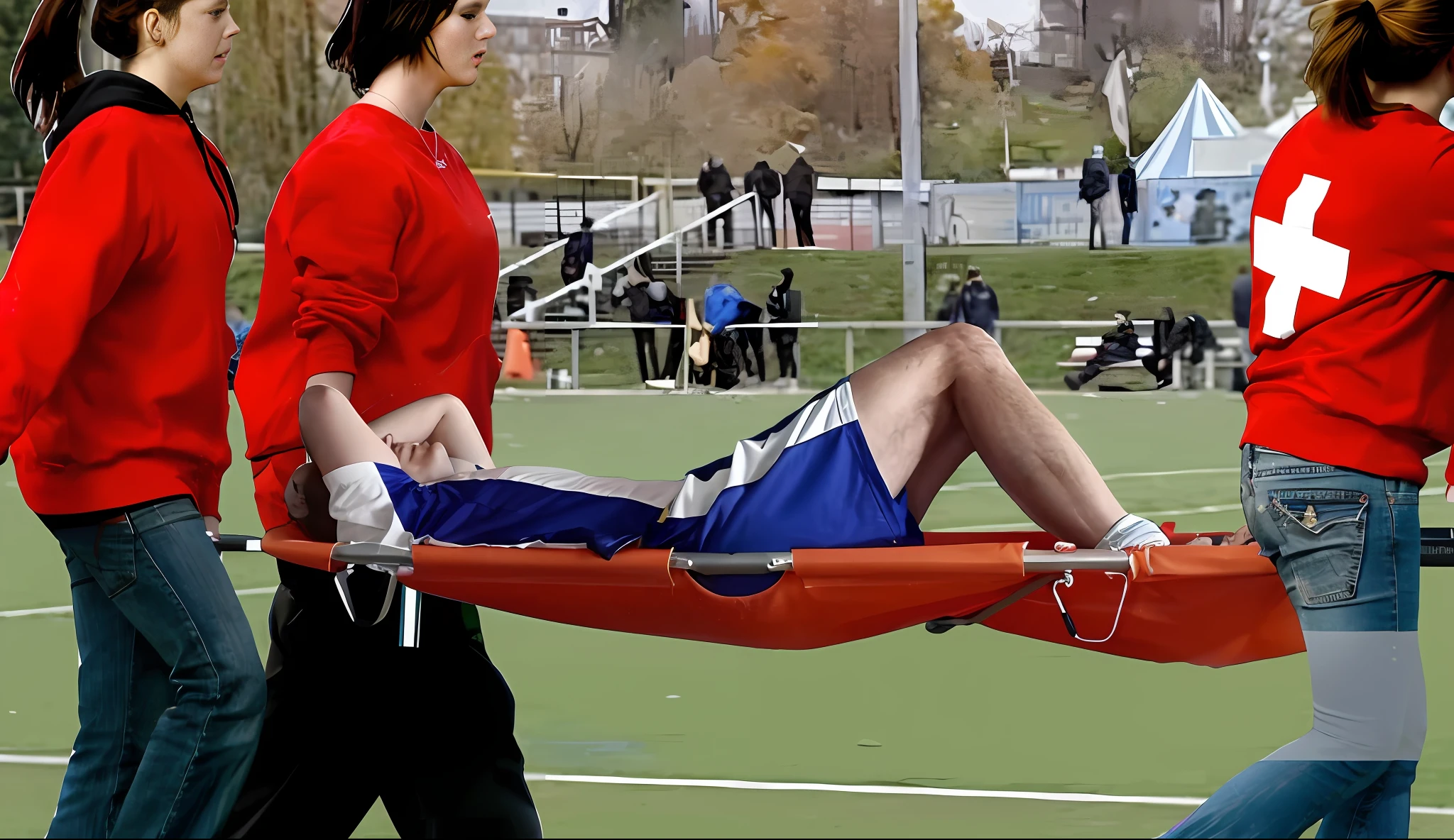 There is a man lying on a stretcher with his hands crossed over his face, a man in a t-shirt and sports shorts has crossed his hands over his face, the man has an agonised face under his hands, two longhairedponytailed women that are wearing very shiny coats, there are longhaired women wearing laquered puffy coats, longhaired women are walking in wetlook puffy coats, several women walking around a football field with an injured athlete on a stretcher, the injured athlete on the stretcher covers his face with both hands, the women look very worried, behindthe women there is a frightening atmosphere, there is heavy rainfall in the background, video still, behind the scenes, Malika Favre, screenshot, footage, 4 0 9 6, cover photo, aesthetic shot, dramatic mood, intense scene, Making of, Mongezi Ncaphayi, Thriller atmosphere, Filming, Edited