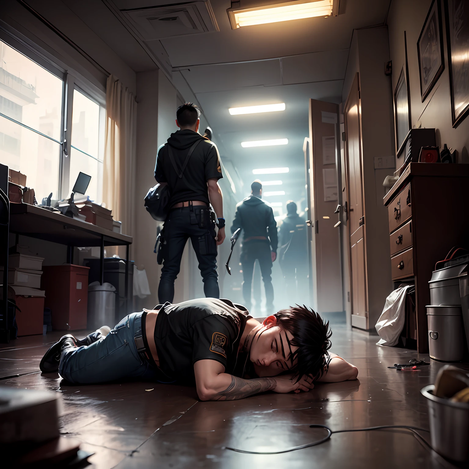 Gloomy room,A man curled up on the ground,People around him were beating him。in cyberpunk style --auto