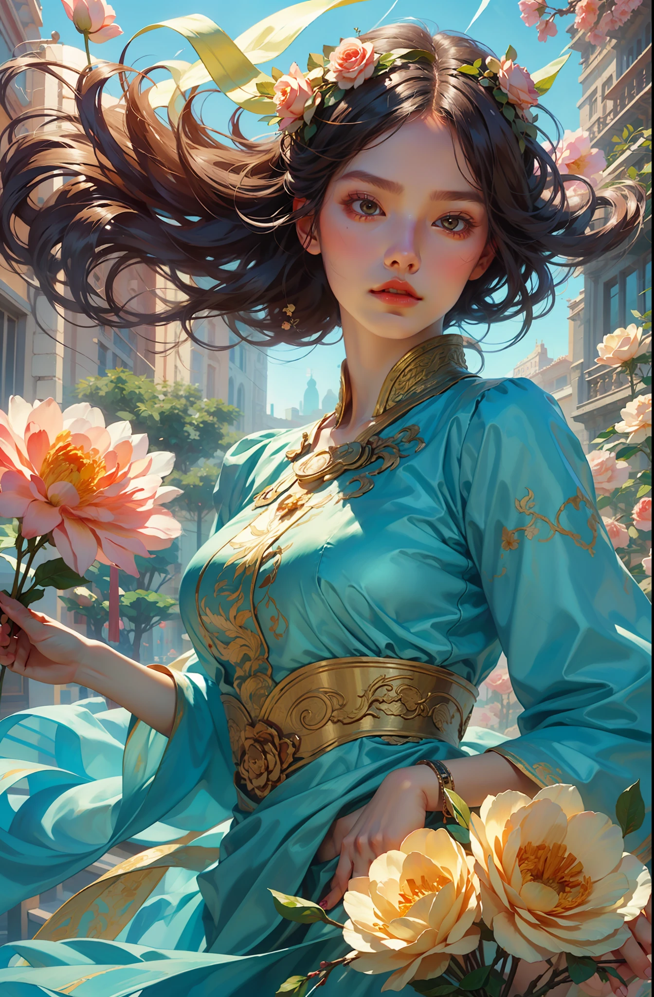 Best quality,masterpiece,ultra high res,(photorealistic_1.4),,solo,1girl,_,baihuaniang,Flowers,Flowers,Soft sunlight,Wind,Flying