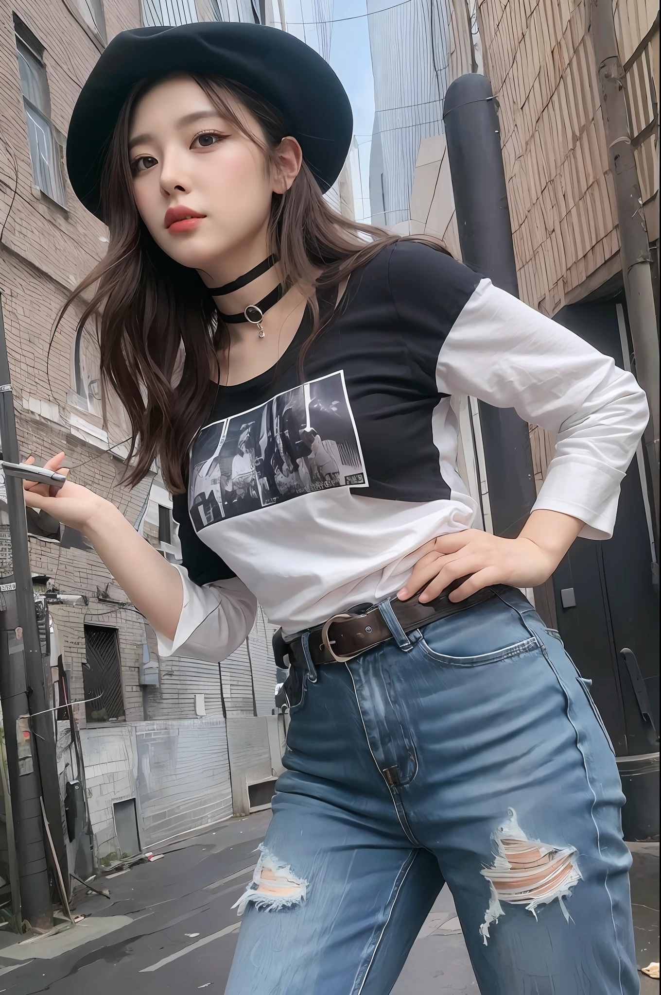 apinkhayoung, urban, streets, (day:1.1), RAW,(8k, best quality, masterpiece:1.2),(intricate details:1.4),(photorealistic:1.4),octane render, complex 3d render ultra detailed, studio soft light, rim light, vibrant details, ultra detailed, realistic skin texture, detailed face, beautiful detailed eyes, extremely detailed CG unity 8k wallpaper, makeup, (detailed background:1.2), (cowboy shot:1.2),(perfect anatomy:1.2),(wide hip:1.1),(black t-shirt, pants, choker, beret:1.2),