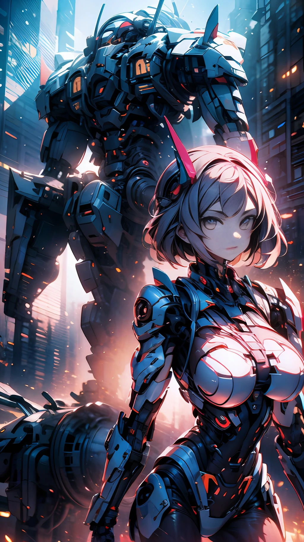 （（best qulity））， （（The Masterpiece））， （very details：1.3）， 3D， Shitu-mecha， Beautiful cyberpunk woman with her pink mech in the ruins of the city of Forgotten War， Ancient technology， HDR（High dynamic range）， light tracing， NVIDIA RTX， The ultra-Resolution， Unreal 5， sub-surface Scattering， PBR Texture， Postprocess， Anisotropic filtering， depthoffield， Maximum clarity and sharpness， Multilayer Texture， Albedo e mapas Speculares， Surface Coloring，Accurately simulate light-material interactions，perfectly proportioned，octane rendered，Two-tone illumination，Low ISO，White balance，trichotomy，Wide aperture，8K RAW，Efficient sub-pixel，sub-pixel convolution，Luminescent Particles，Light scattering，tyndalleffect，weight:0.75