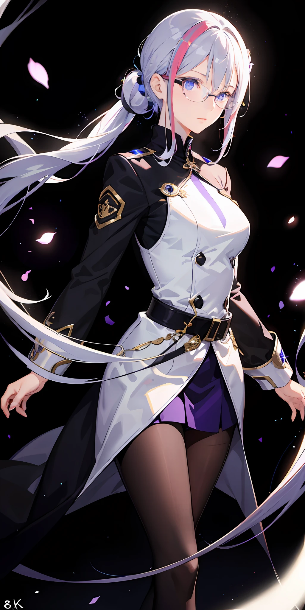 1girl, long white ponytail hair, multicolored hair, purple blue eyes, hair ornament, clipped hair, sidelighting, dark particles, wallpaper, dark magic particles background, medium breast (8k), glowing, (megane) glasses, long sleeve uniform, (detailed face), beautyface, detailed eyes and glasses, (focused face, eyes, and glasses)
