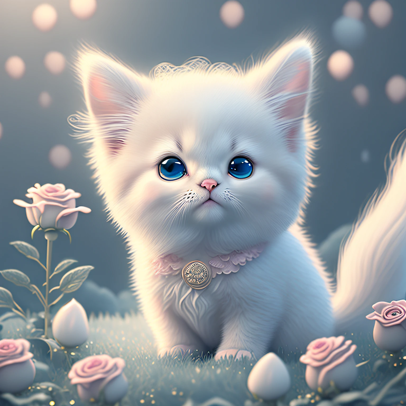 In this ultra-detailed CG art, the adorable kitten surrounded by ethereal roses, best quality, high resolution, intricate details, fantasy, cute animals
