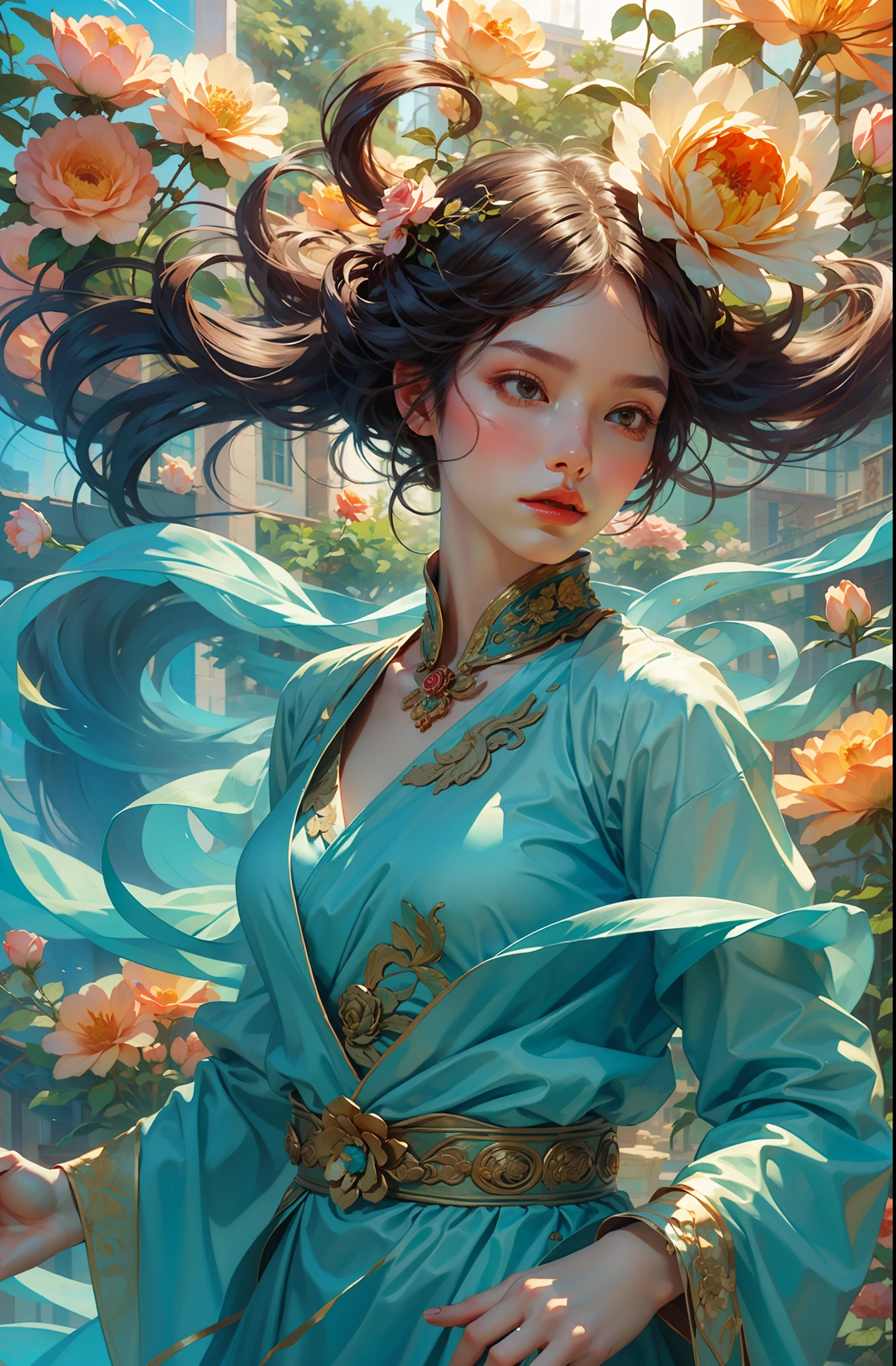 Best quality,masterpiece,ultra high res,(photorealistic_1.4),,solo,1girl,_,baihuaniang,Flowers,Flowers,Soft sunlight,Wind,Flying