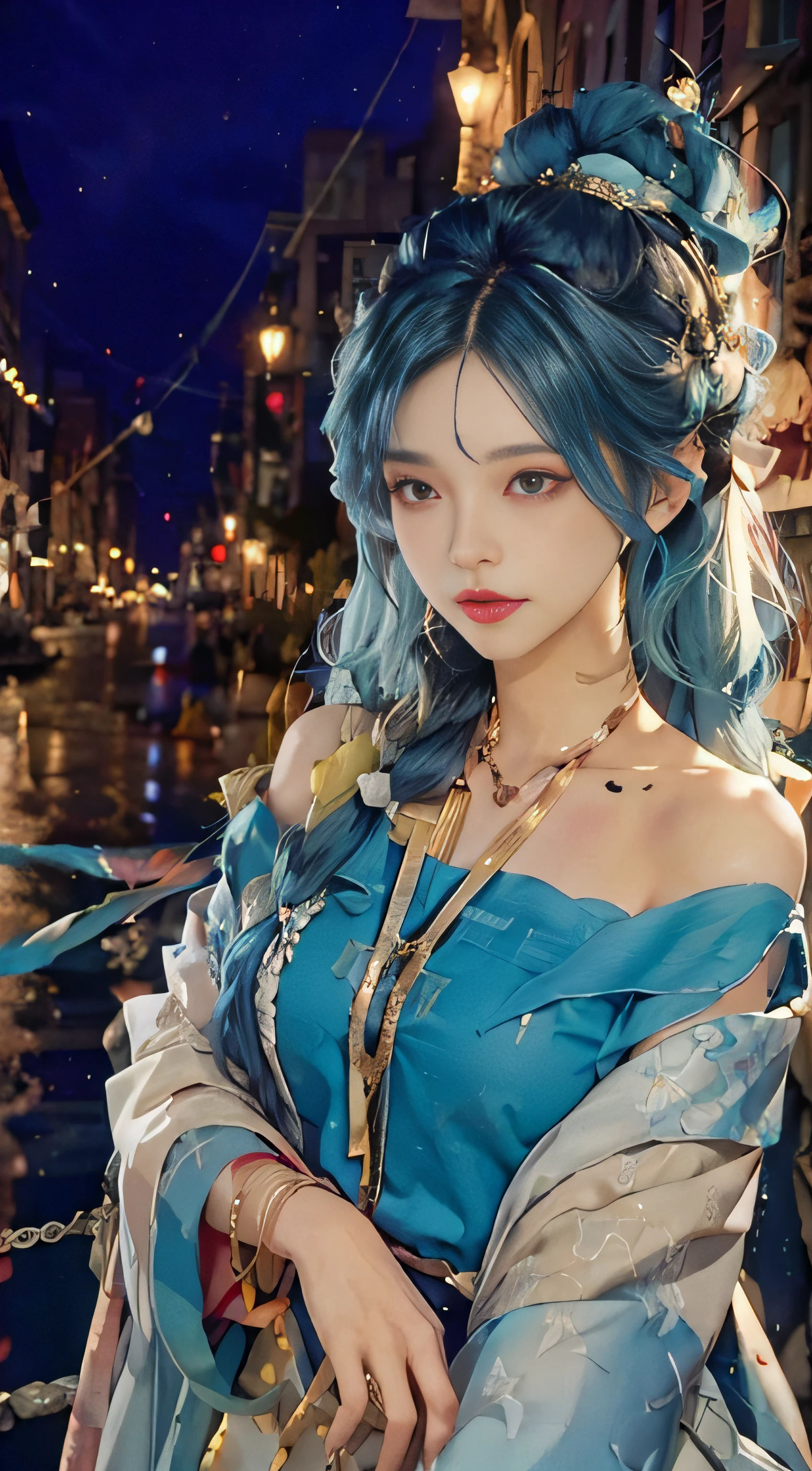1 girl, hoodie, blue hair, extra long hair, off-the-shoulder, feather hair ornament, headphones around the neck, city, night, outdoors