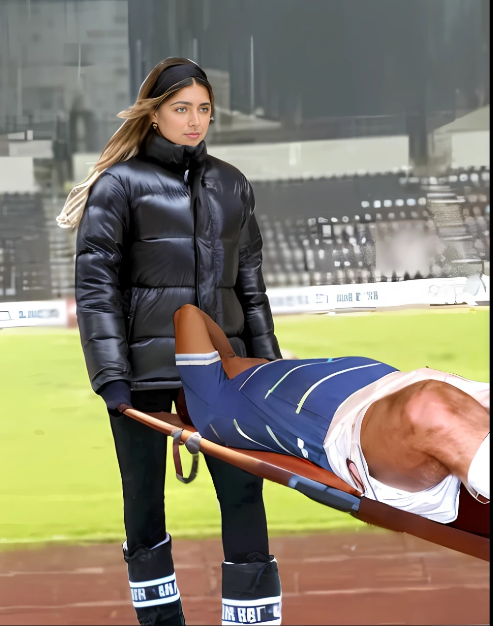there is a sportsman in white shorts and a white t-shirt lying injured on a stretcher, there is an injured sportsman who is covering his face on a stretcher, an injured sportsman is covering his face with his hands, an injured sportsman is writhing in ecstasy on a stretcher, dramatic pity pose, there is a latino woman in a high-shine puffy coat, a high-shine black down coat, a long black moncler coat, a wetlook down coat, a wet black laquered coat, a latino wife is wearing a wetlook black uniform, injured, medic, laura sava, anna nikonova, very professional, by Dietmar Damerau, alexandra fomina, soccer action pose, affection pose, lecherous action pose, dramatic action pose, theatralic pose, there is an attractive woman that is carrying a skinny man, there is a beautiful woman in a shiny coat who is carrying a blond man in her arms, a longhaired beautiful woman in a high-shine black puffy coat, a longhaired woman in a shiny downcoat, a woman is carrying a shorthaired man who is wearing shorts and a t-shirt, a weak man in spots shorts is consciousless and needs to be carried, a shorthaired man with closed eyes is carried in the arms of a longhaired woman, a woman looks very scared and terrified, a consciousless man with closed eyes is suffering very much and has a very painful face, photo, photo shoot, photographed , accident, help, aid, first aid, pity