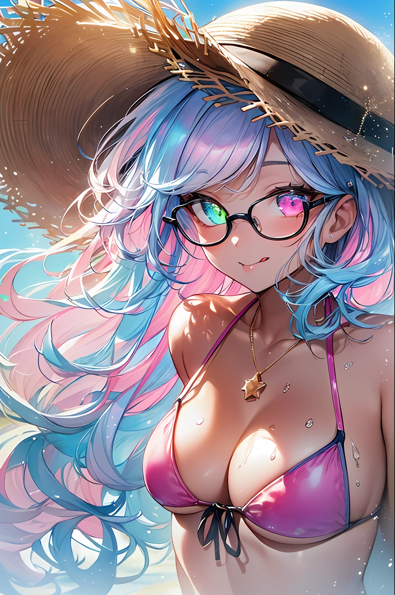 ((masterpiece, Top quality, Watercolor art (Pendants), offical art, Beautiful and aesthetic: 1.2)), (Golden ratio: 1.2), (Full Body: 1.2), (Super Detail: 1.3), (1 girl: 1.3), (Fractal Art: 1.3), Full Body, (Glitter Pupil)), patterns, (Iridescent hair, Colorful hair, Half light blue and half pink hair: 1.2)), Colorful, (Glasses), writing, (Heterochromia), (Colorful: 1.5), ((Swimsuit)), ((Straw hat)), seascapes, sand beach, Sunny weather, (((Shy face)), ((Micro Bikini)), (Standing), (hyper detailed), ((delicate detail)), (ntricate detail), ((Cinematic light, Highest quality backlight)), High Contrast, ((Best lighting, Very delicate and beautiful)), (( Cinematic light)), (ray-traced reflection, Glow), (((glowing aura)), ((Glowing hair)), ((Super Detail)), (8K)), ((close up front)), ((Brown skin)), (Showering), ((Seductive smile)),((Tongue out))