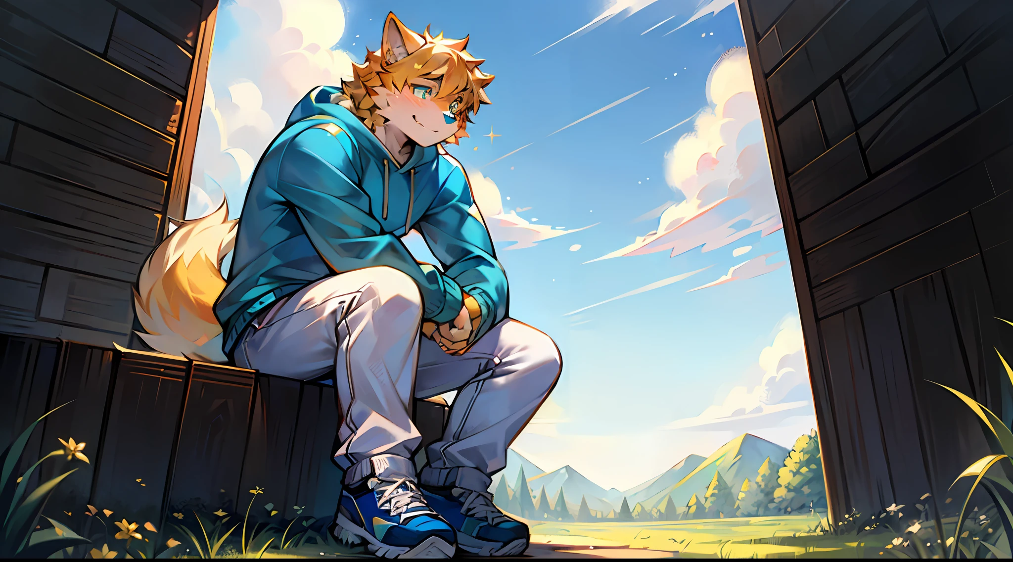shaggy，Shy，Clear eyes，Bright eyes，Cheerful，Be confident，earnestly，Tranquil，apathetic，proper，wolfs，Blue pupils，Male，Masculine，teenagers，mature，strong，Brawny，muscled，Easy-going，One person，Single person，humanoide，Light yellow hair，Golden-orange hair texture，Beautiful fluffy tail，Modern clothing，Blue sweatshirt，White loose pants，Blue and white sneakers，Seated position，Sit cross-legged，Knees，Body Facing Screen，Look at the sky，Turned，Hold your hands on your knees，unwind，Naturally，sunrays，dia soleado，sitting on the ground，sitting on the ground，sitting on the ground，Particle，Light effect，Green meadow，hillside，gentle breeze，heavens，The Sun，white cloud，Next to the highway，8K