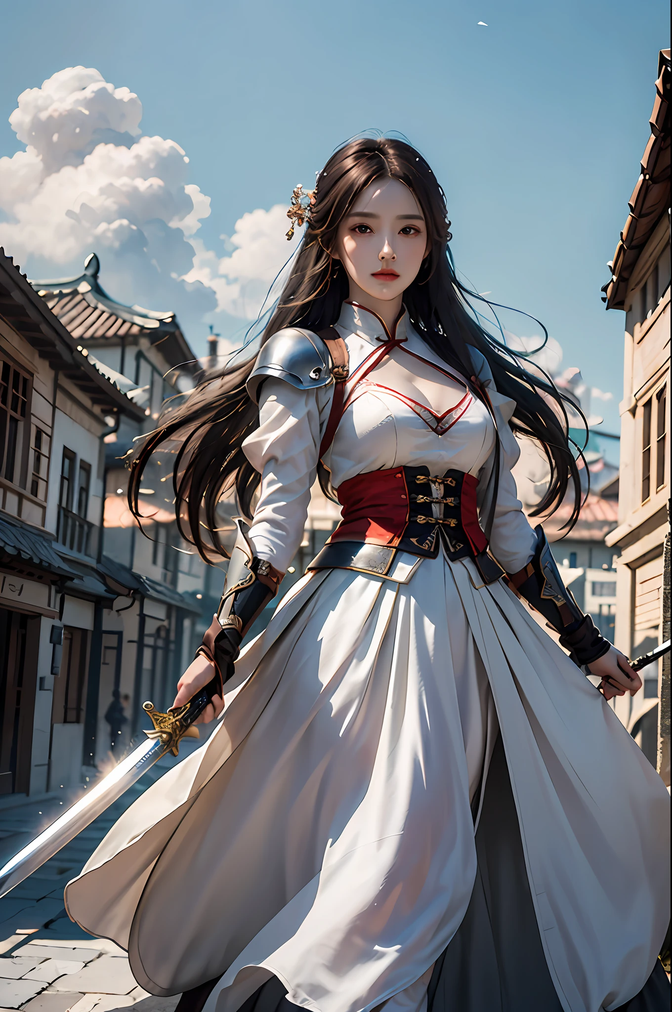 best quality, masterpiece, ultra-detailed, detailed light, (RAW photo:1.2), (photorealistic:1.4),(masterpiece:1.3),(best quality:1.4) 1girl, weapon, sword, hair ornament, solo, long hair, sky, dress, holding, holding weapon, holding sword, armor, cloud, chinese clothes, wate