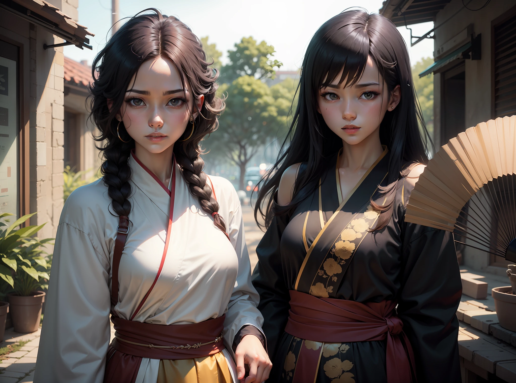 2girls,folding fan,haired,Black hair,Hanfu,Dark eyes,jewelries,leaf,looks at the viewer,female focus,gargantilha,Duet,Messy hair, Trends on ArtStation, in 8K resolution, very details, anatomicaly correct, crisp image, digtial painting, concept arts, Popular trends on pixiv, style of makoto shinkai,The background glows