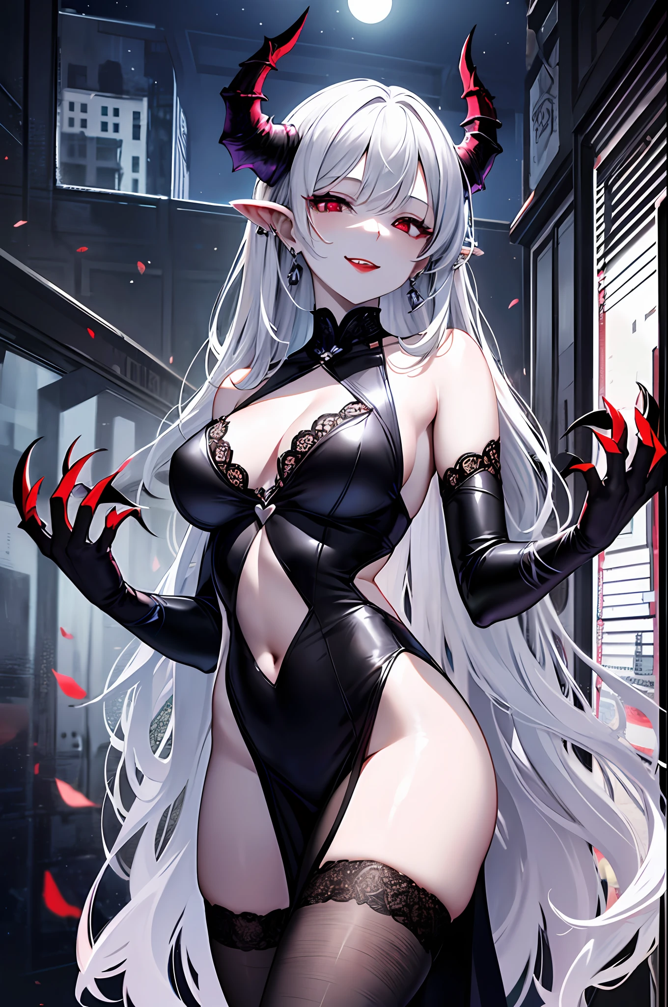 Top quality, masterpiece, very precise details, absurdity, very fine 8KCG wallpaper, very delicate and beautiful girl, highly detailed character, incredibly beautiful, (transcendent beautiful girl: 1.5), gray hair, devil's horn, (long monster claws: 1.1), succubus, devil's wing, devil's tail, lace fabric black sexy long dress, attractive, deep side slit, pale skin, red eyes, red lipstick, (smiling with mouth wide open), (long canine), half-closed eyes, horror tone, (nail pose: 1.2), entrance of an abandoned Western-style building, big skylight, (night), big moon, moonlight,