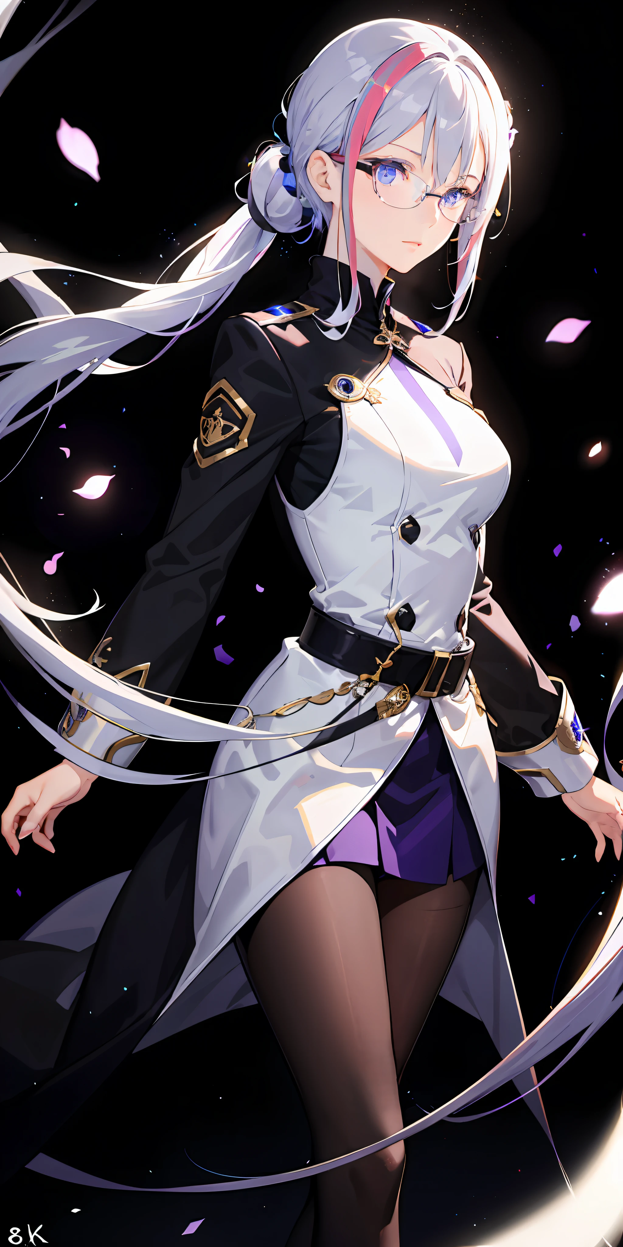 1girl, long white ponytail hair, multicolored hair, purple blue eyes, hair ornament, clipped hair, sidelighting, dark particles, wallpaper, dark magic particles background, medium breast (8k), glowing, (megane) glasses, long sleeve uniform, (detailed face), beautyface, detailed eyes and glasses, (focused face, eyes, and glasses)