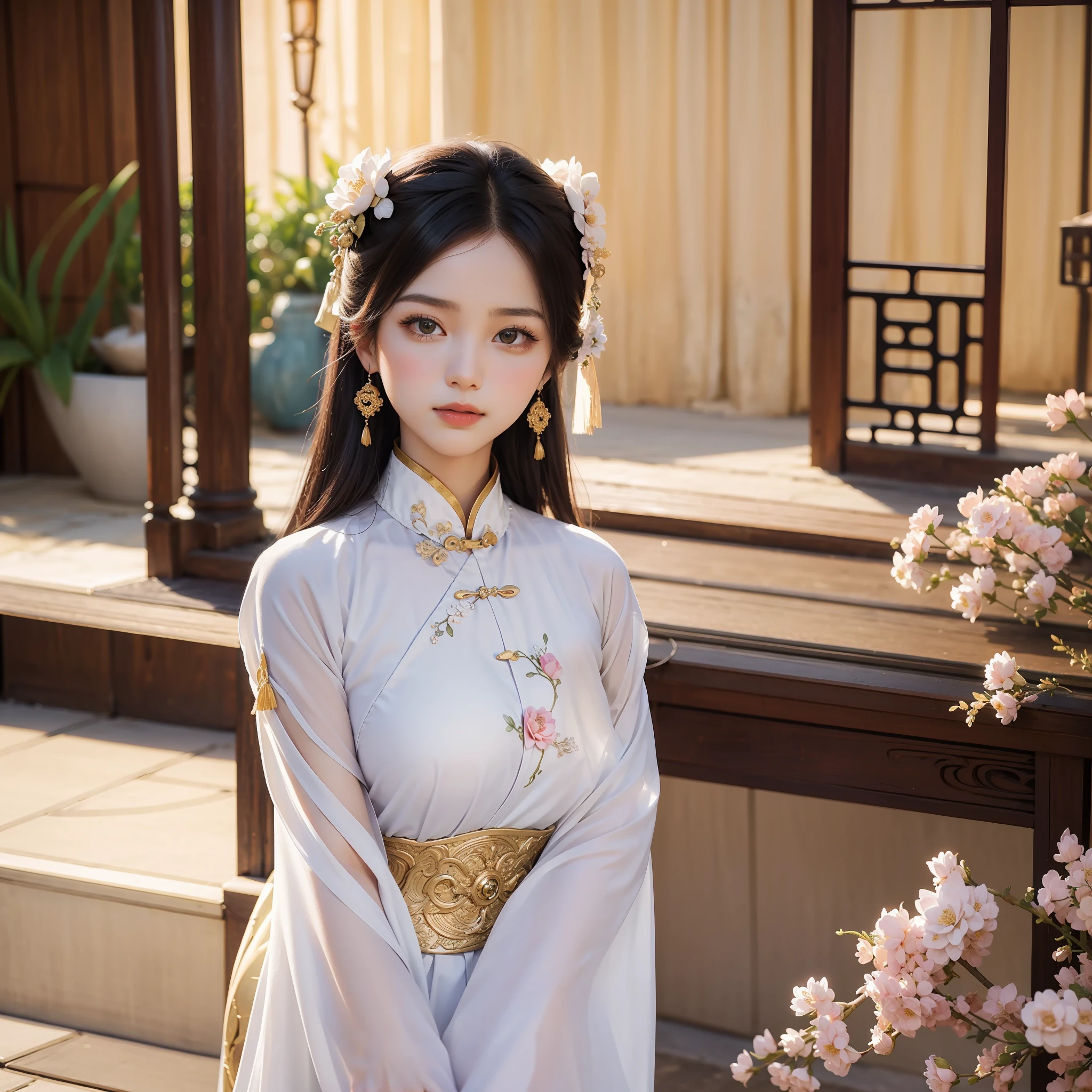 an 8K quality photo of a very beautiful Vietnamese woman in a traditional Vietnamese ao dai. She gets light makeup, stand out and pose elegantly. Her face is graceful and good-looking, creating a traditional beauty of Vietnamese women. She is standing in an old castle, holding a bouquet of bright pink lotus flowers. Her tunic is similarly pastel pink, Create a quiet and soothing space. The photo was taken with extreme detail, Make sure every aspect of the photo is sketched with incredible accuracy. The photo does not have any errors in the face, hands and feet, and overall a beautiful and captivating photo. The photo material is designed in an ancient style, with retro and vintage colors, Create a classic and luxurious space. Associated with this scene are works by famous painters and photographers such as Leibovitz, Ansel Adams, và Edward Hopper, along with other artists such as Claude Monet and Georgia O'Keeffe