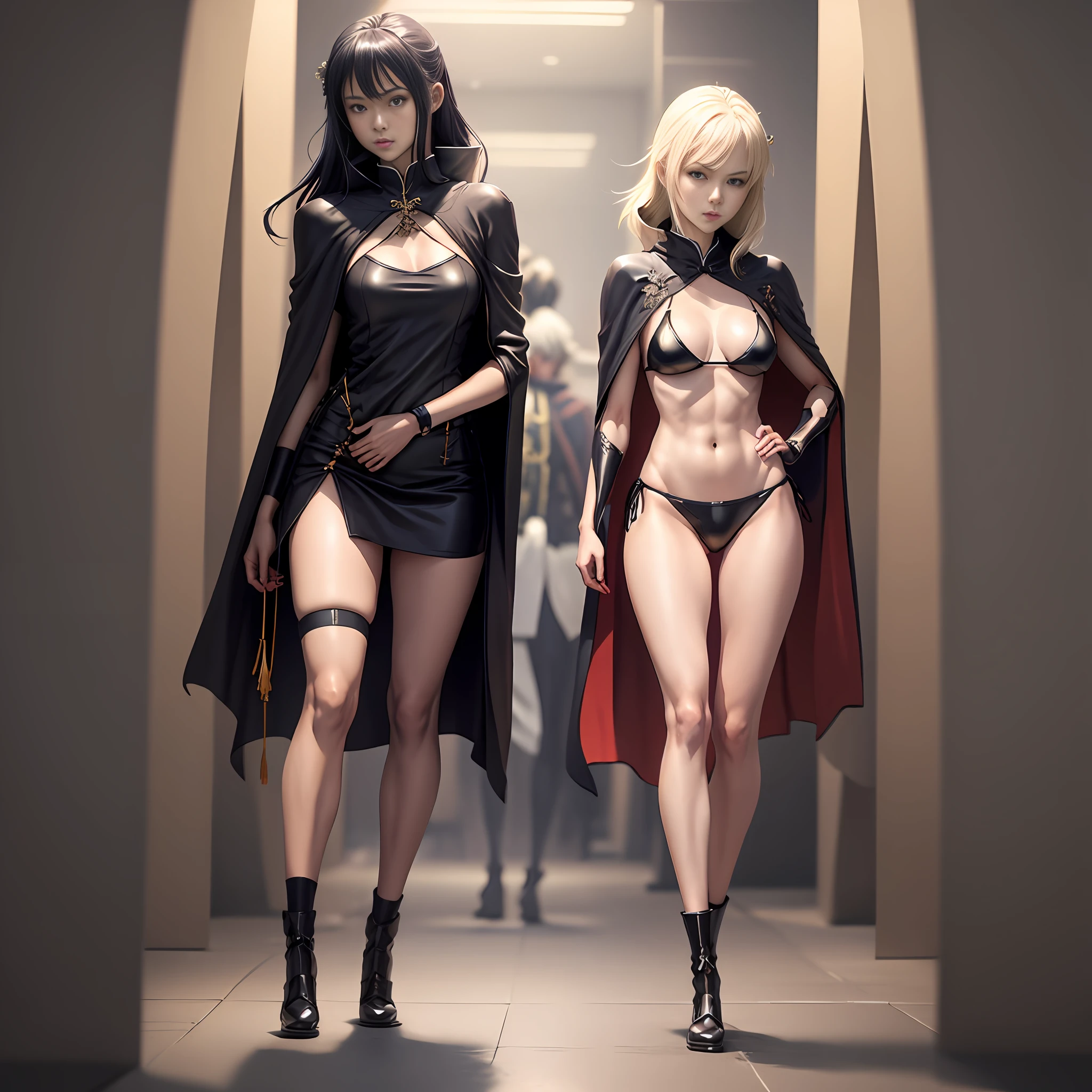 Anime - Chinese goddess standing in golden illusory space in sexy hanfu and bikini cape，The garment has a gold lace pattern，wearing in stocking，High-heeledshoes，walking towards viewer，seductive anime girls，Sexy ancient goddess，full body detailing，（1.4），（Long legs 1.1），[ 4 K digital art ]!,Smooth anime CG art，Female action anime girl，shiny white skin，Full body luxury，SFW version，full body pose，the perfect body，18 forbidden