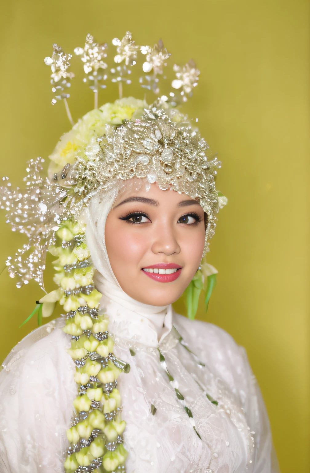 arafed woman in a white dress and a headdress with flowers, traditional makeup, close up potrait, profesional photography, shot on nikon z9, portrait shot, shot on canon eos r5, shot on canon eos r 5, bride, captured on canon eos r 6, portrait shot 8 k, full protrait