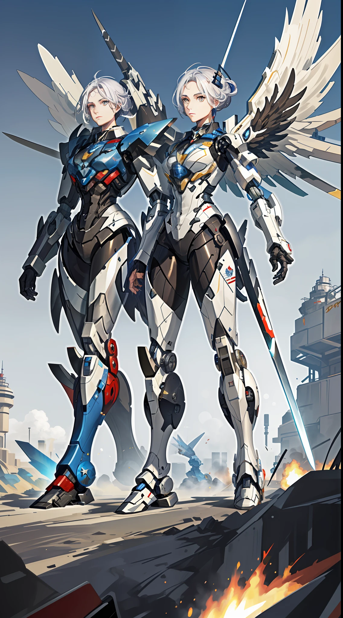 Sky flight，Battle damage mech，White mech，Battle damage，Modern mecha，Mech with a giant sword in hand，Six-winged mech，Fight，Monster Spitfire，Suzaku-type monsters，((best qulity)), ((master-piece)), (detail:1.4),