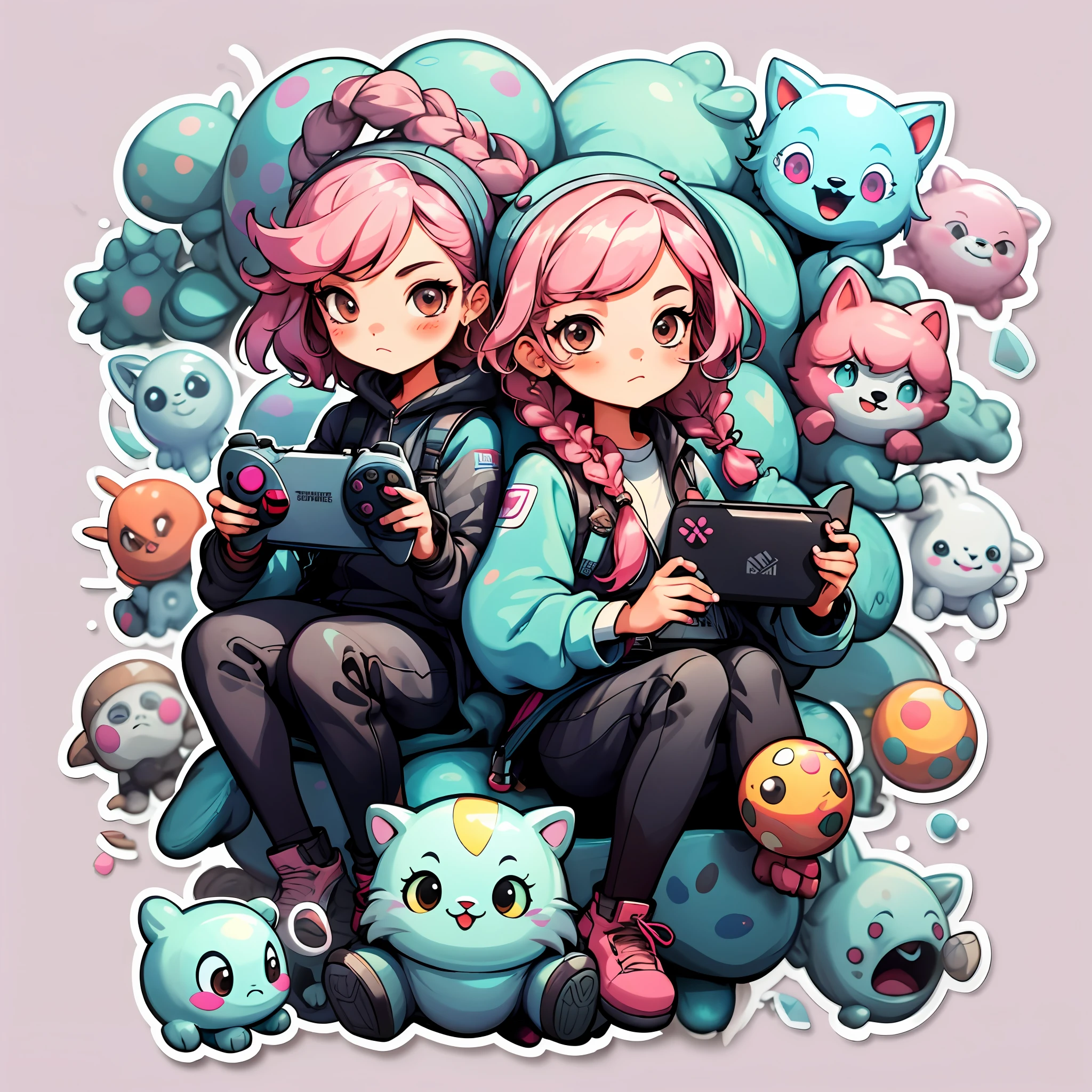 Stickers，1girls，simple back ground，Pink hair，twin braids，Gamepad in hand，