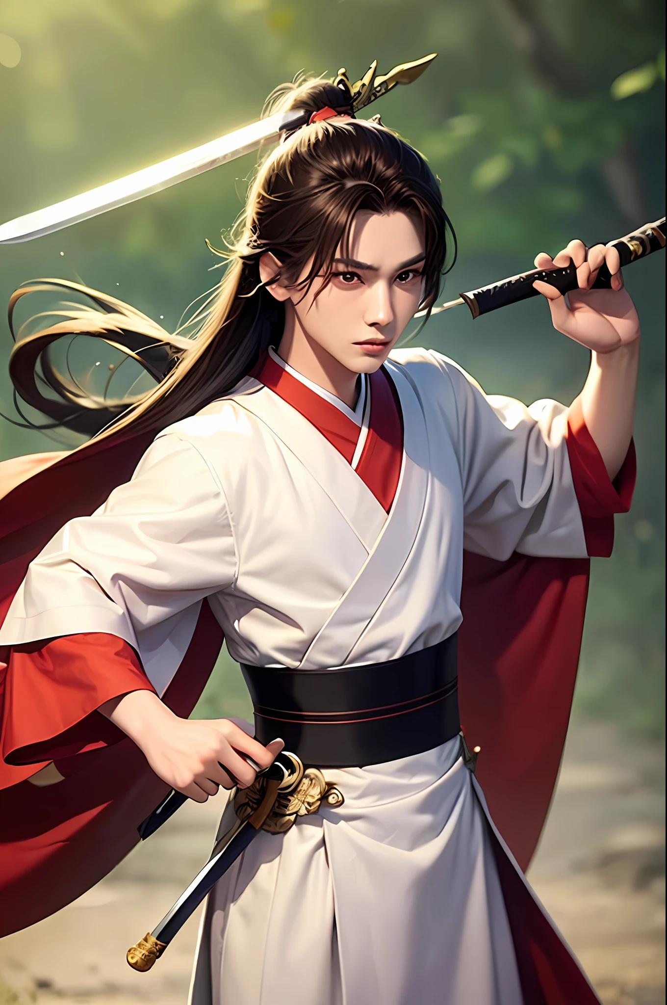 A teenager in a white and red kimono holds a sword, handsome guy in demon slayer art, swordsman, Wuxia, inspired by Zhao Mengfu, inspired by Guan Daosheng, Inspired by Cao Zhibai, Beautiful character painting, full body wuxia, , White Hanfu, Cai Xukun's