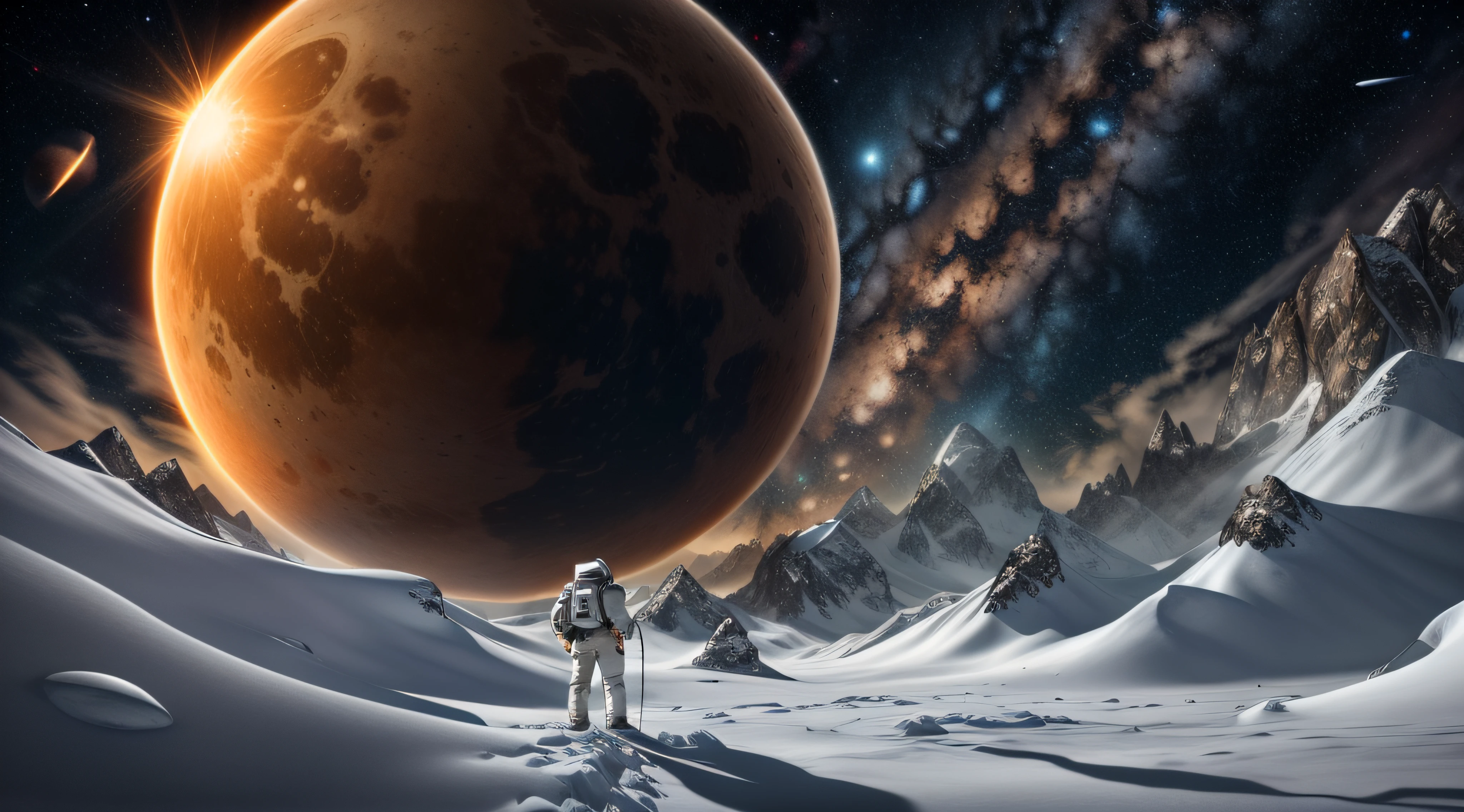 alien planet,snowy mountains,noon,Big Sun,Orange spacesuit,An astronaut on horseback,Side to back,ice cubes,Bright ground,Dark sky,The planet of the rings,Real light and shadow,high resolutions,hyper detailed,Realistic texture,Bold textures,Crazy textures,