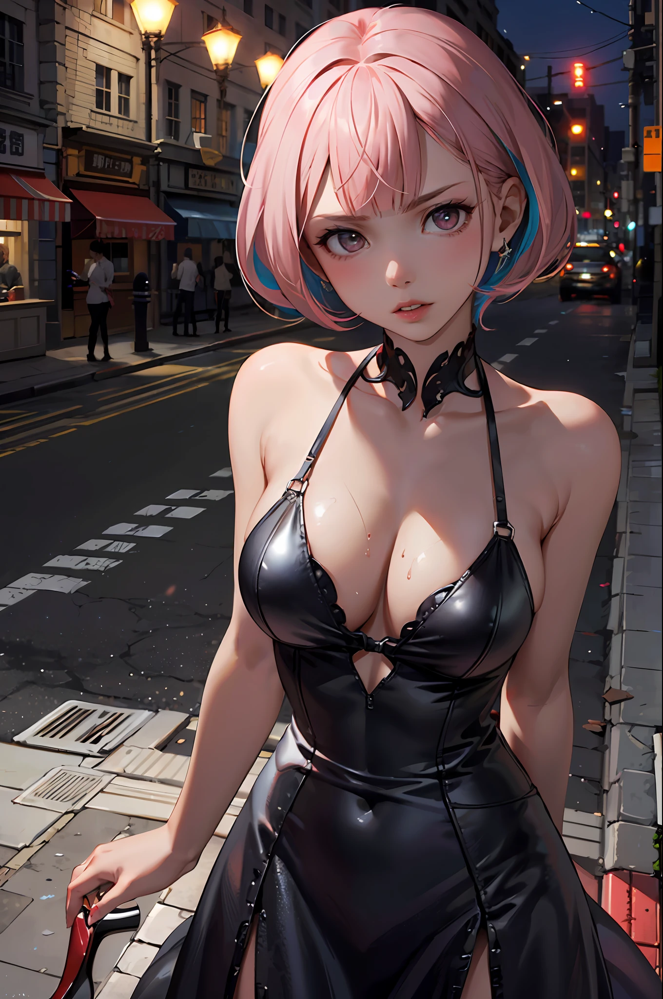 1girls, Delicate and beautiful face, hair splayed out, Hair strips dyeing,Hair of all colors,Various hairstyles,Angry, parted lips, Busty chest, Convex buttocks, Evening dress,High-heeledshoes, perfectly proportioned, Detailed clothing details,metropolis, street corner, Cinematic lighting, filmgrain, Fujicolor, light and shade contrast, 8K, Masterpiece, Textured skin, Super detail, high-detail, High quality, high - resolution,