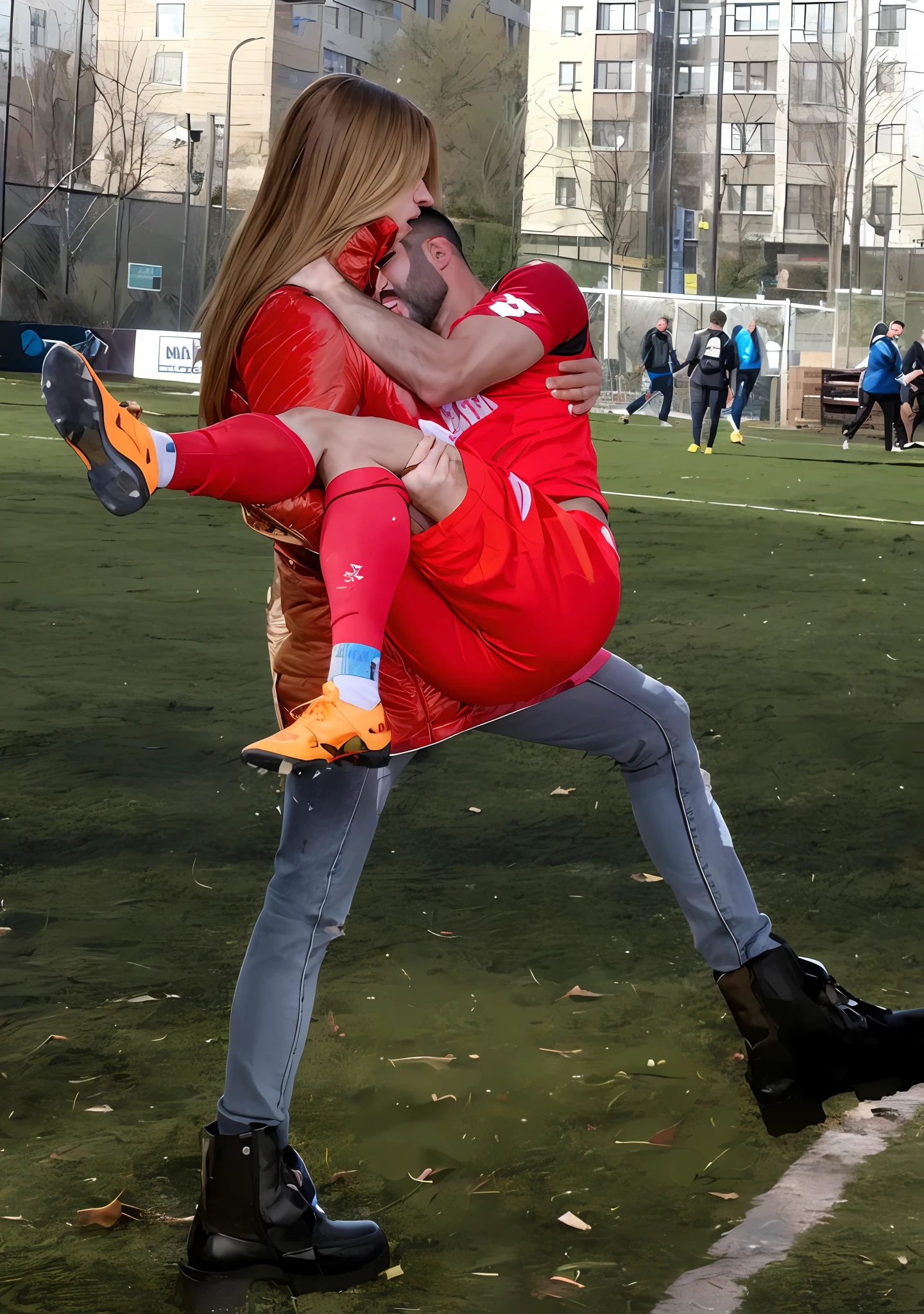 painful pose, pity pose, screaming, shouting, painful, pain, agonised pose, first-aid-pose, affection pose, lecherous action pose, dramatic action pose, theatralic pose, woman that is carrying a skinny man, there is a beautiful woman in a shiny orange downcoat who is carrying a blond man in her arms, a longhaired beautiful woman in a high-shine orange puffer-coat, a longhaired woman in a shiny downcoat, a woman is carrying a shorthaired man who is wearing black shorts, a weak man in black shorts is consciousless and needs to be carried, a shorthaired man with closed eyes is carried in the arms of a longhaired woman, the woman looks very scared and terrified, a consciousless man with closed eyes is suffering very much and has a very painful face, photo, photo shoot, photographed , accident, help, aid, first aid, pity