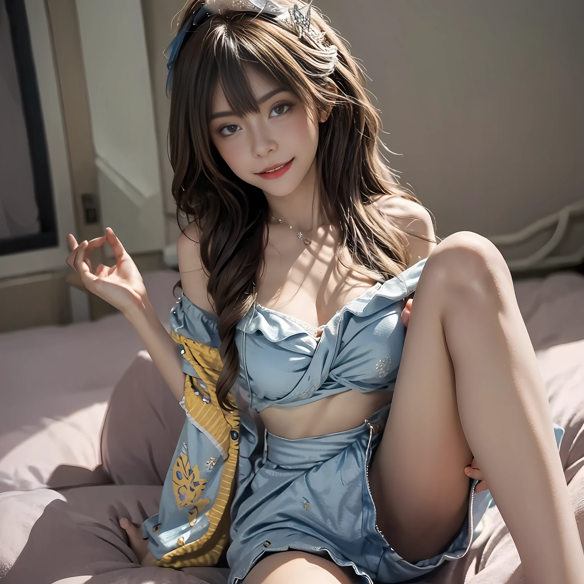 ((Top best Quality,8K,The Masterpiece:1.3)),(complicated detail),Perfect detail face,Detailed eyes,very details,Blushlush,hair accessory,lipstick,(Layered_necklaces:1.2),solo,detailed backgorund,realistic photograph,Sharp focus:1.2,Impeccable+Slim style,((look at camera))),((zhangzui:1.5,white teeth,A refreshing smile)),beautifull,beautifull,Famous for the Great Khan,waist constriction,beauty leg, Tight skin,very detailed face and skin texture,Detailed eyes,Double eyelid,Pale cheeks,Healthy skin,(layered hairstyle,Dark brown hair),((Flight attendant uniform:1.52))))),(Bare chest),((off shoulders:1.2)),((Messy clothes and hair:1.3)),(:1.8),(Natural breasts,Naturally),(((On an incredibly crowded plane)),Dari bawah,((Very happy look)),(Attractive appearance:1.5),(Knees bent,Sit with your legs open))))