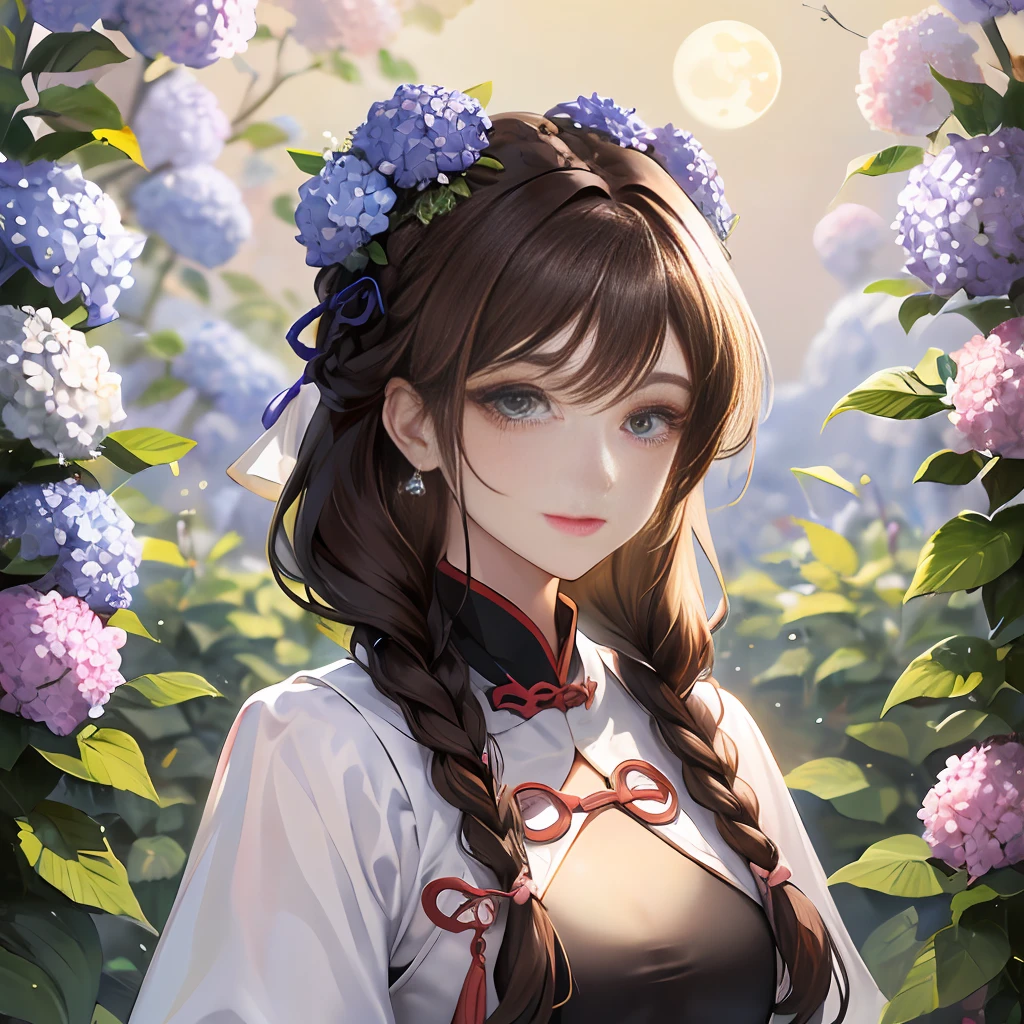 Masterpiece: The Best Night Full Moon 1 Female Mature Chinese Style Ancient Chinese Sister Royal Sister Smile Brown Hair Princess Cut Single Twist Braid Double Pill Head Light Pink Lips, Calm, Intellectual, Medium Hair, Green Eyes, Hairpin, Hydrangea,