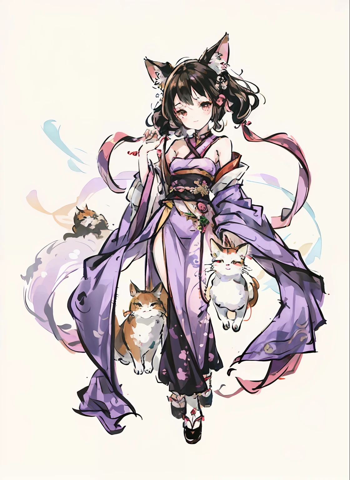 1 little girl，8K，Fine face，Cat-eared girl，leggy，Game standing drawing，full - body，Landscape background，Chinese painting，Long hair with a pink-purple gradient，fox ear，A world of ancient styles that comes to life，