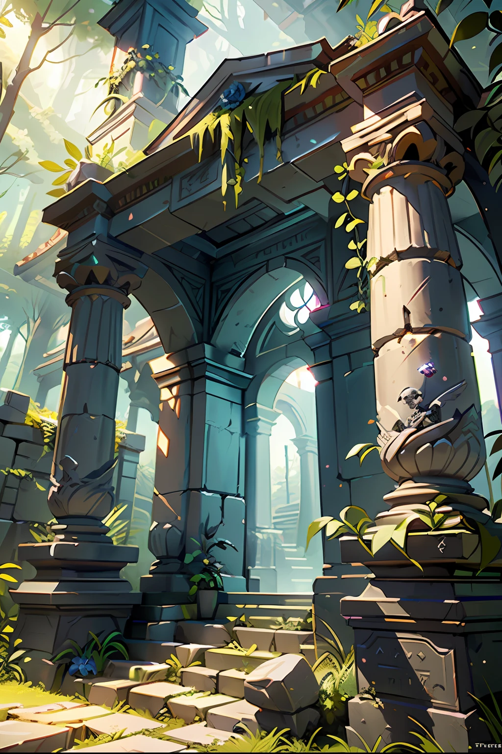 ((masterpiece)) picture of a fantasy grave guardian ,grave guard((skeleton )) sitting on((stone Thorne)) , under the beautiful ( fantasy) nature the throne is , ((detail forest)) ((small details)), (Bioluminescence runes skeleton),focus on grave throne stone, ivy plant surrounding the throne, inspired by senior environment artist, ((ancient grave guardian)), , (intricate details), ((ultra-hd))unreal engine (fantasy art),(( unreal engine)) render concept art, ornate one ancient tample ruins, ((glowing nature)), picture capture with each every (((small details))), ((highly detailed))