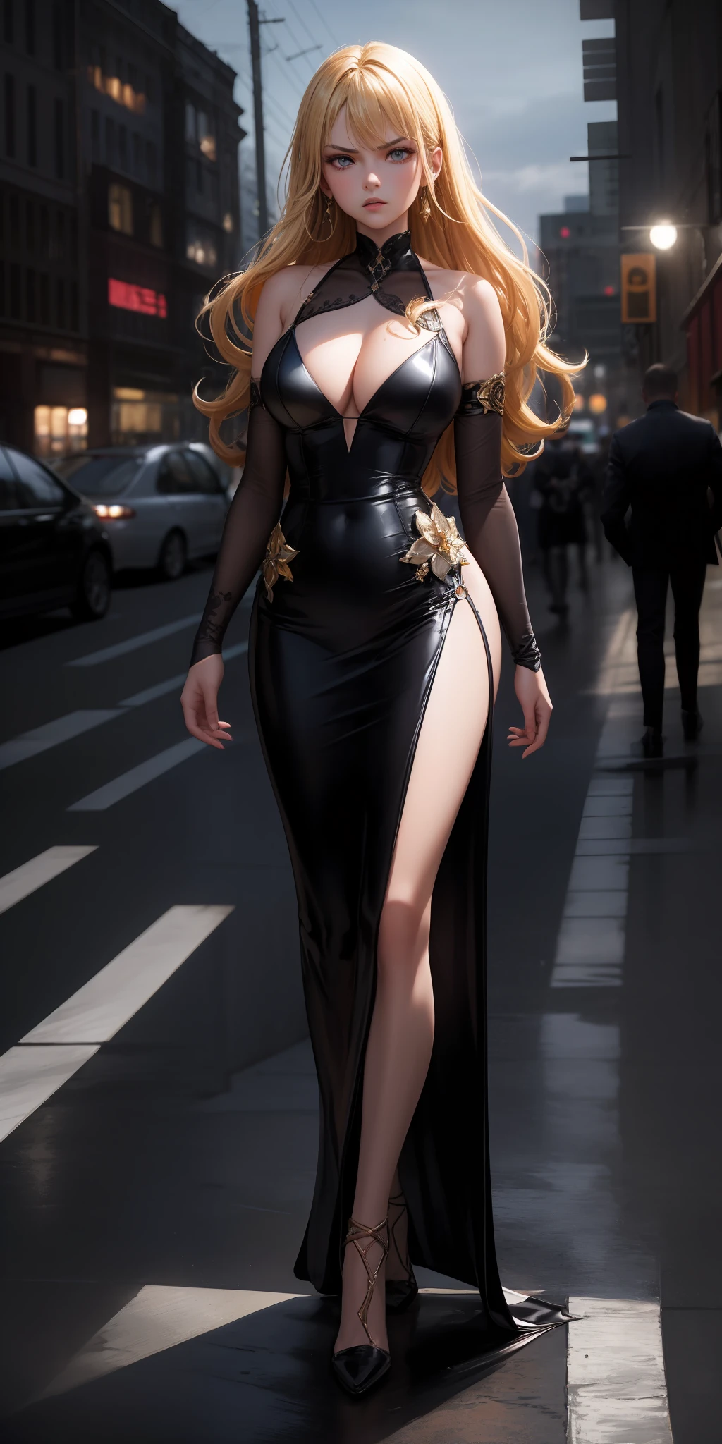 1girls, Delicate and beautiful face, hair splayed out, Hair strips dyeing，Hair of all colors，Various hairstyles，Angry, parted lips, Busty chest, Convex buttocks, Evening dress，High-heeledshoes, perfectly proportioned, Detailed clothing details，metropolis, street corner, Cinematic lighting, filmgrain, Fujicolor, light and shade contrast, 8K, Masterpiece, Textured skin, Super detail, high-detail, High quality, high - resolution,