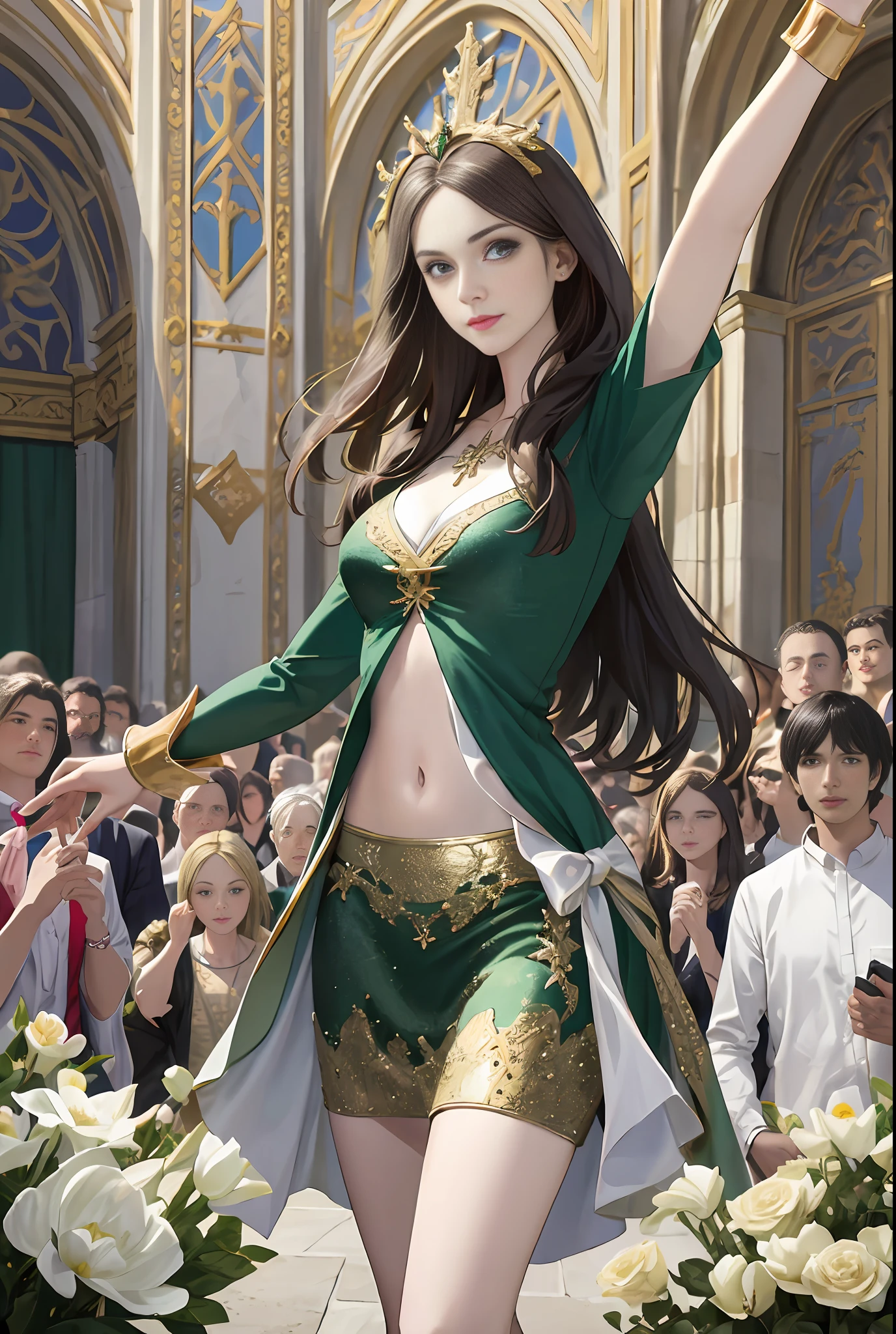 (masterpiece, best quality, realistic),
1girl, (Chateau de Versailles, Pisa Baptistery Of St. John background, Flowers,navel,crowd),dancing, intricate,dark green dress, gold, banquet, crowd, picking up skirt,pale skin,
[slight smile],