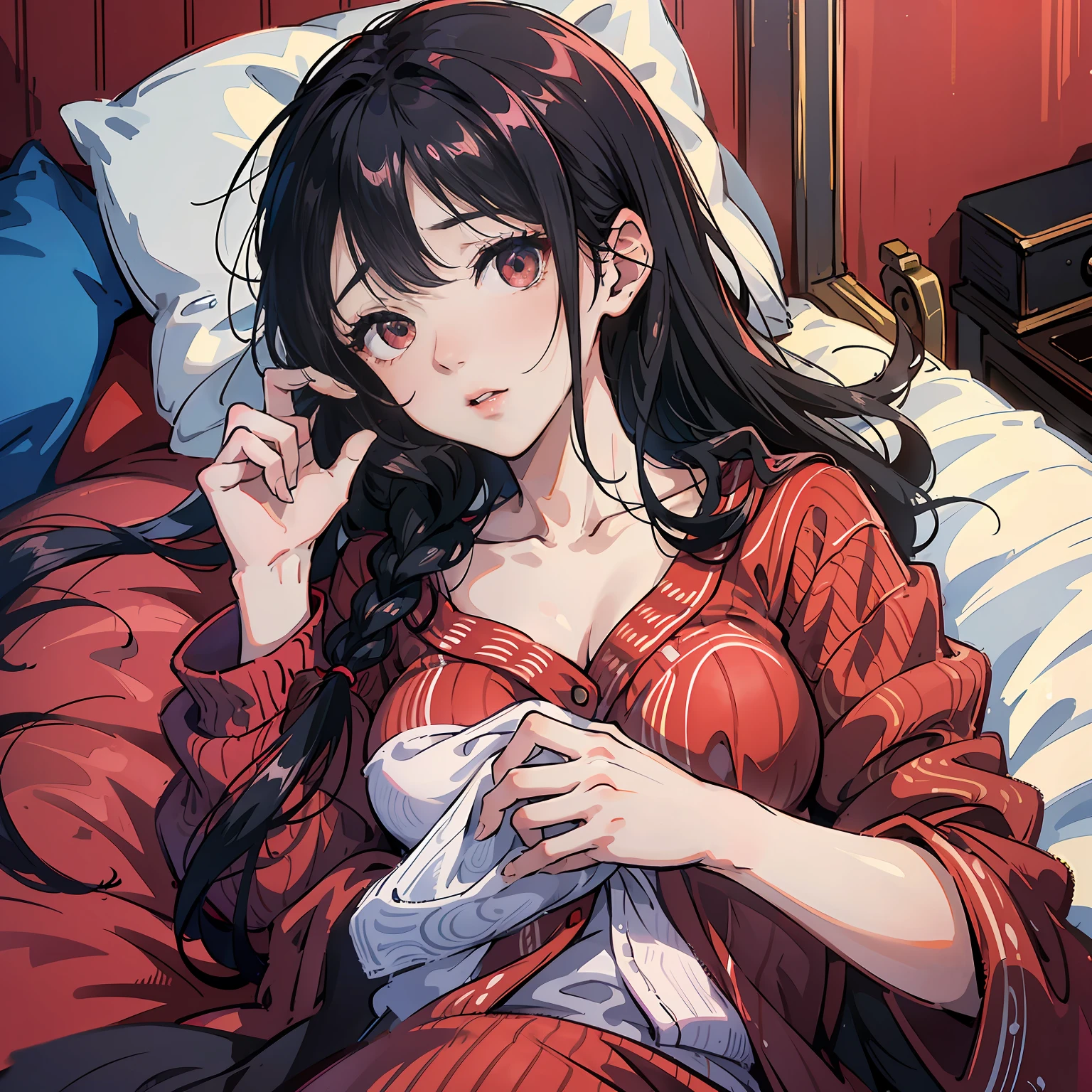 (maximum quality、8k、32k、masterwork、UHD:1.2)、Sexy Japan Woman Pictures、big chest、long dark hair、Longhaire、Upper Bust、Facial focus、oversized_sweater、on a bed、Chest、Sheer cheongsam、Wet、 A slightly embarrassed look、 Rubbing your chest、 --auto