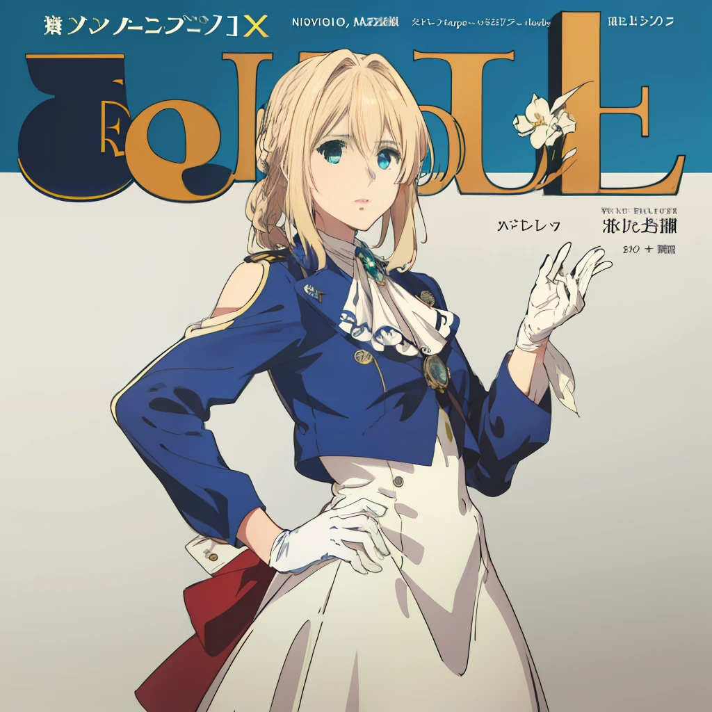 Wallpaper,Violet evergarden, blonde, brooch, white ascot, braid, gloves, blue jacket, white dress, bikini, magazine cover , elegant text, striking pose