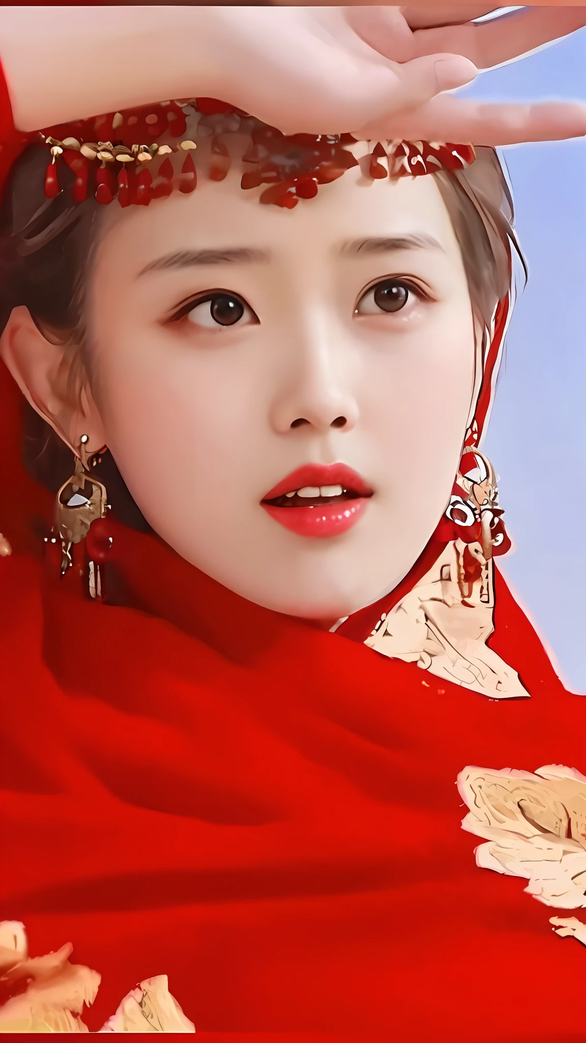 a close up of a woman wearing a red dress and a red headpiece, Chinese girl, Chinese woman, Chinese style, traditional chinese, Inspired by Song Maojin, Realistic. Cheng Yi, detailed face of a asian girl, royal palace ， A girl in Hanfu, Asian face, ruan jia beautiful!, inspired by Zhang Yan, Inspired by Huang Ji, asian beautiful face