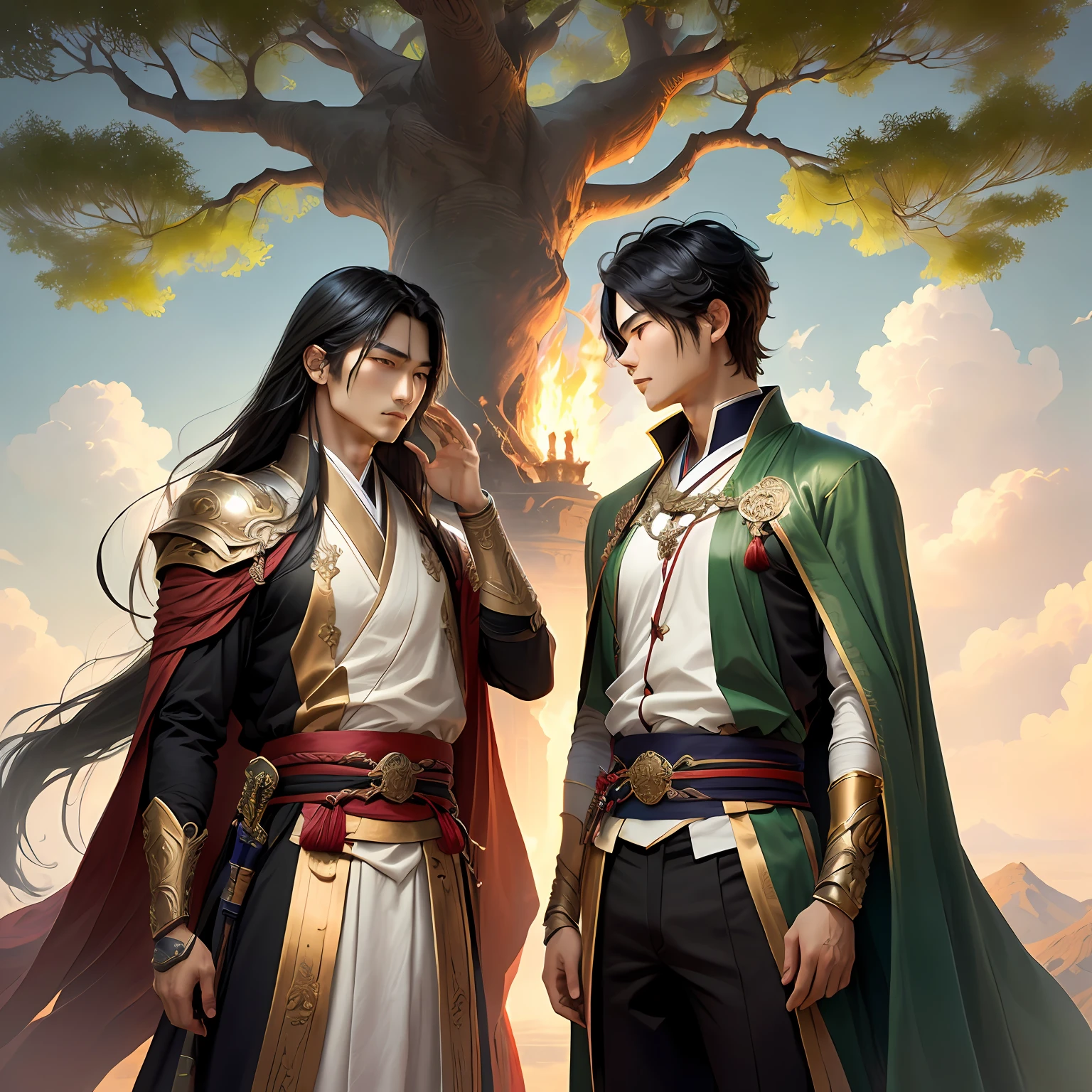 ancient oriental male mistery green manly sword cloud tree hero romantic real pose blackhair fire kumon