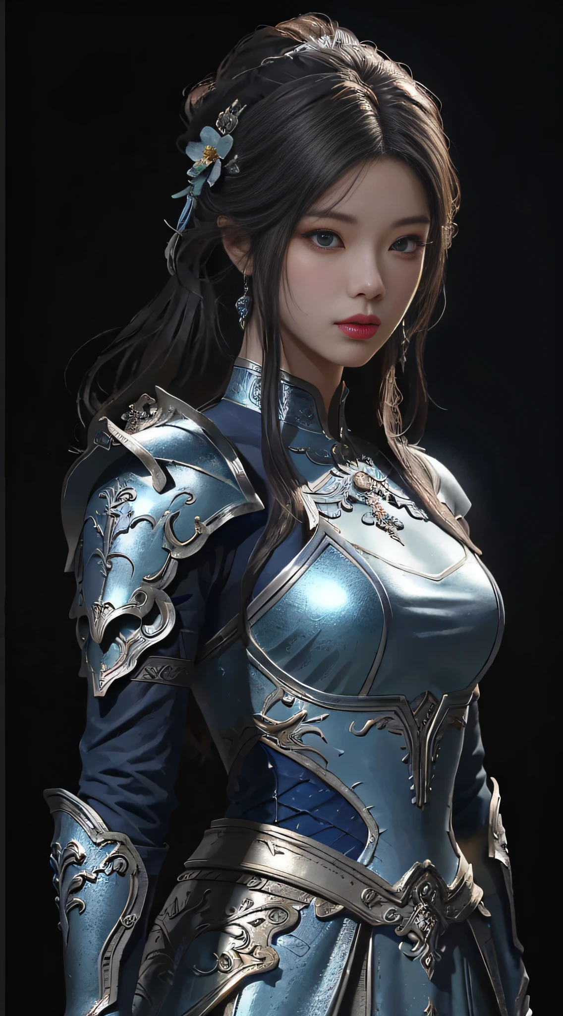 a close up of a woman in a silver and blue dress, chengwei pan on artstation, by Yang J, detailed fantasy art, stunning character art, fanart best artstation, epic exquisite character art, beautiful armor, extremely detailed artgerm, detailed digital anime art, artgerm on artstation pixiv, armor girl