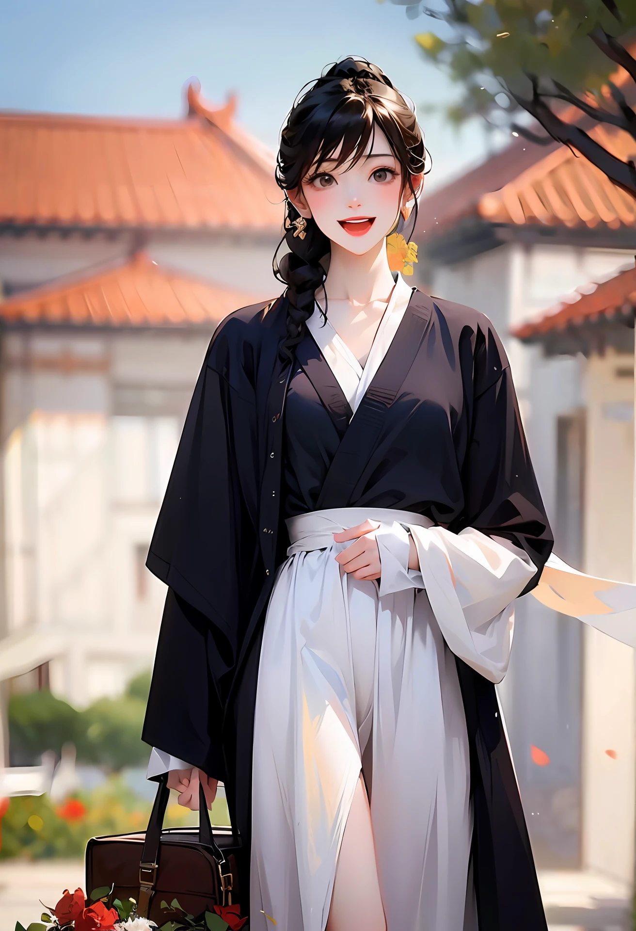 Masterpiece, high qualit, Best quality, 1girls, Smile, Open mouth, Bare legs, china dress, Hanfu, Flowers, Sharp focus