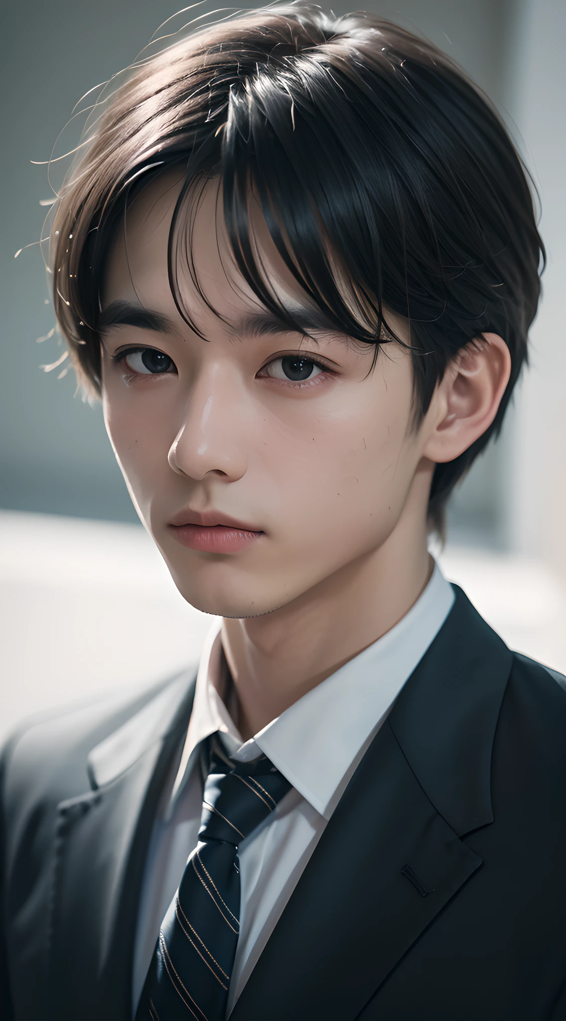 (masterpiece, best quality, raw photo, absurdres, 8k, 50mm:1.2), award winning portrait, beautiful boy, close up, dark grey suit, necktie, diffused lighting, film grain, chromatic aberration, looking at viewer
