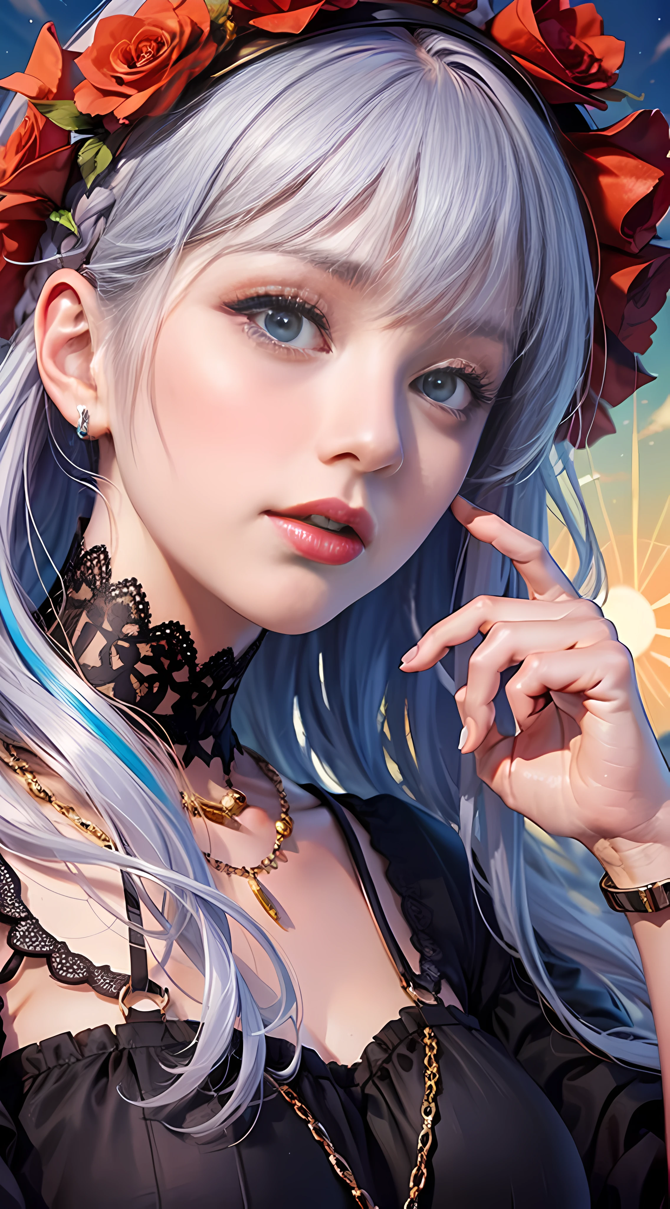 Ultra high quality，8K，Don't miss your fingers，1girls，high and cold，Blue-pink hair，red-lips，Close-up of the head,Black lace，the sun is shining wide shot，Rose flower，the sun is shining wide shot，