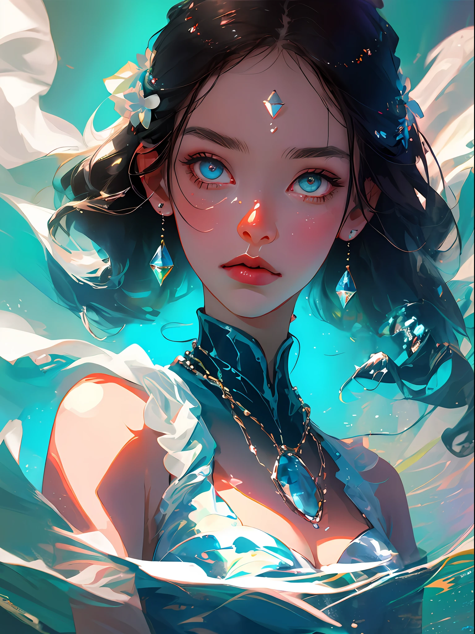 Goddess of goddesses, Close-up of the girl's face,Underwater,Bright eyes and delicate skin,Dramatic and stunning award-winning photos,Dramatic linear refinement,Shot on a Sony aiii high-resolution digital camera,Ultra-realistic skin,Very natural characteristic,She has((Dark blue hair)),Floating necklace,Bubbles under water, Cool cool colors,Close-up of the face,blue backgroung,