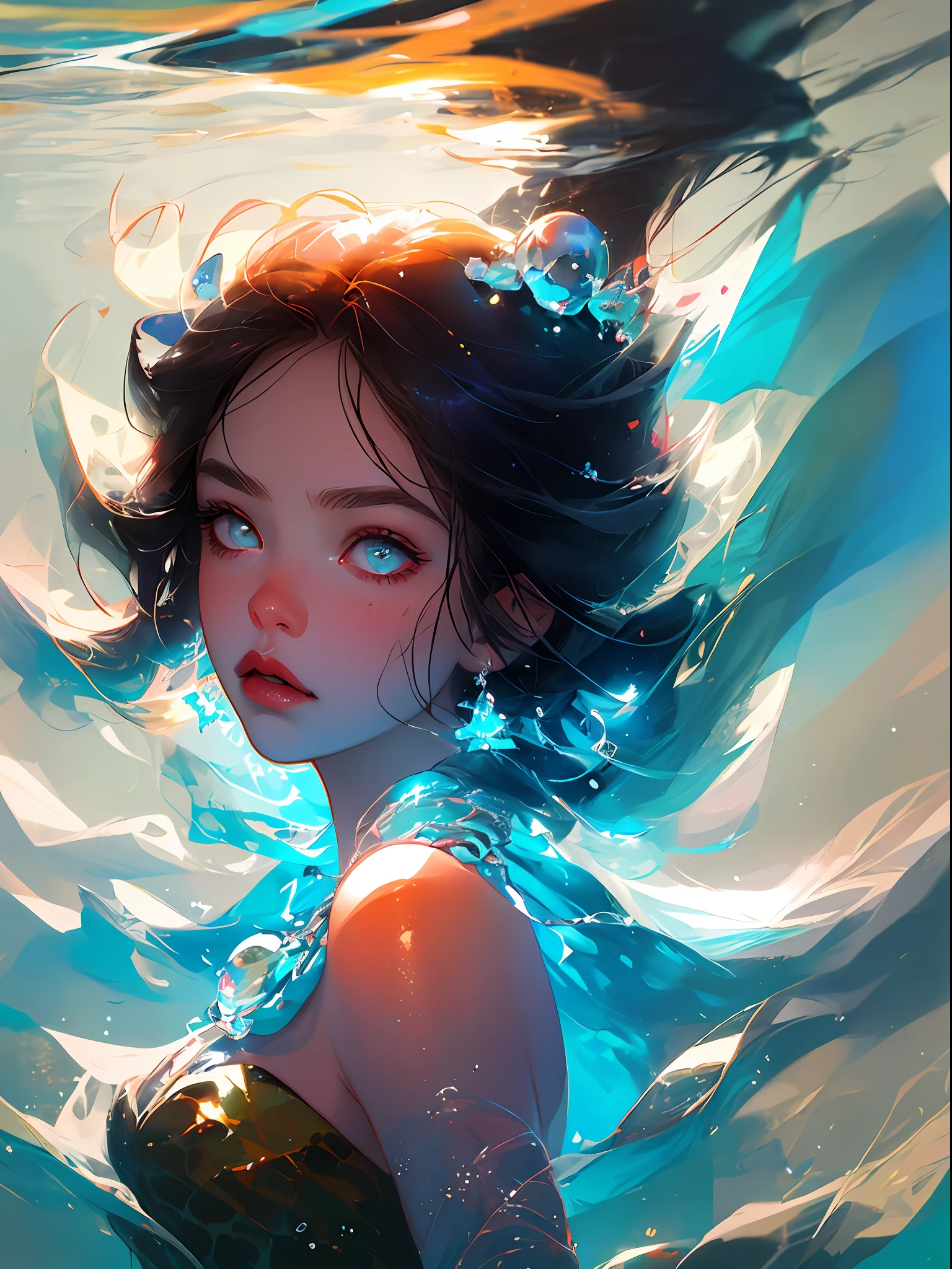Goddess of goddesses， Close-up of the girl's face，Underwater，Bright eyes and delicate skin，Dramatic and stunning award-winning photos，Dramatic linear refinement，Shot on a Sony aiii high-resolution digital camera，Ultra-realistic skin，Very natural characteristic，She has（（Dark blue hair）），Floating necklace，Bubbles under water， Cool cool colors，Close-up of the face，blue backgroung，