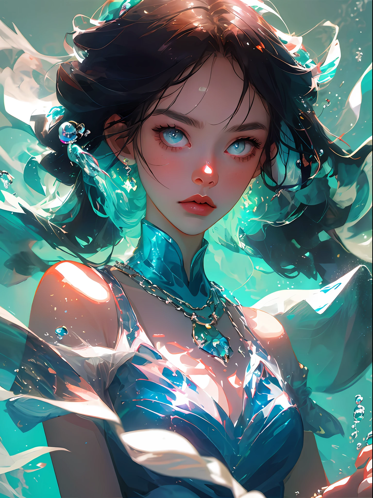 Goddess of goddesses， Close-up of the girl's face，Underwater，Bright eyes and delicate skin，Dramatic and stunning award-winning photos，Dramatic linear refinement，Shot on a Sony aiii high-resolution digital camera，Ultra-realistic skin，Very natural characteristic，She has（（Dark blue hair）），Floating necklace，Bubbles under water， Cool cool colors，Close-up of the face，blue backgroung，
