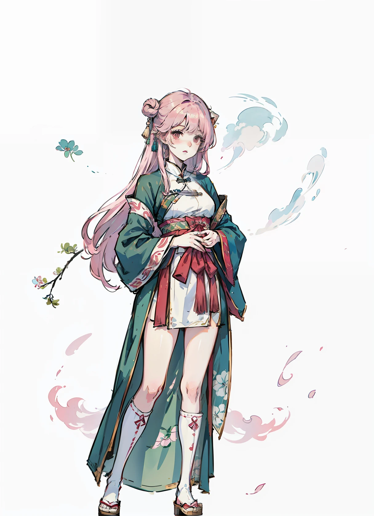 An antique cat-eared girl, Cutes,White and tender thighs,pink-haired, slong hair, Chinese painting, Dressed in period costume, standing alone,White fog pervades,Ancient Chinese landscape background,Game standing drawing,