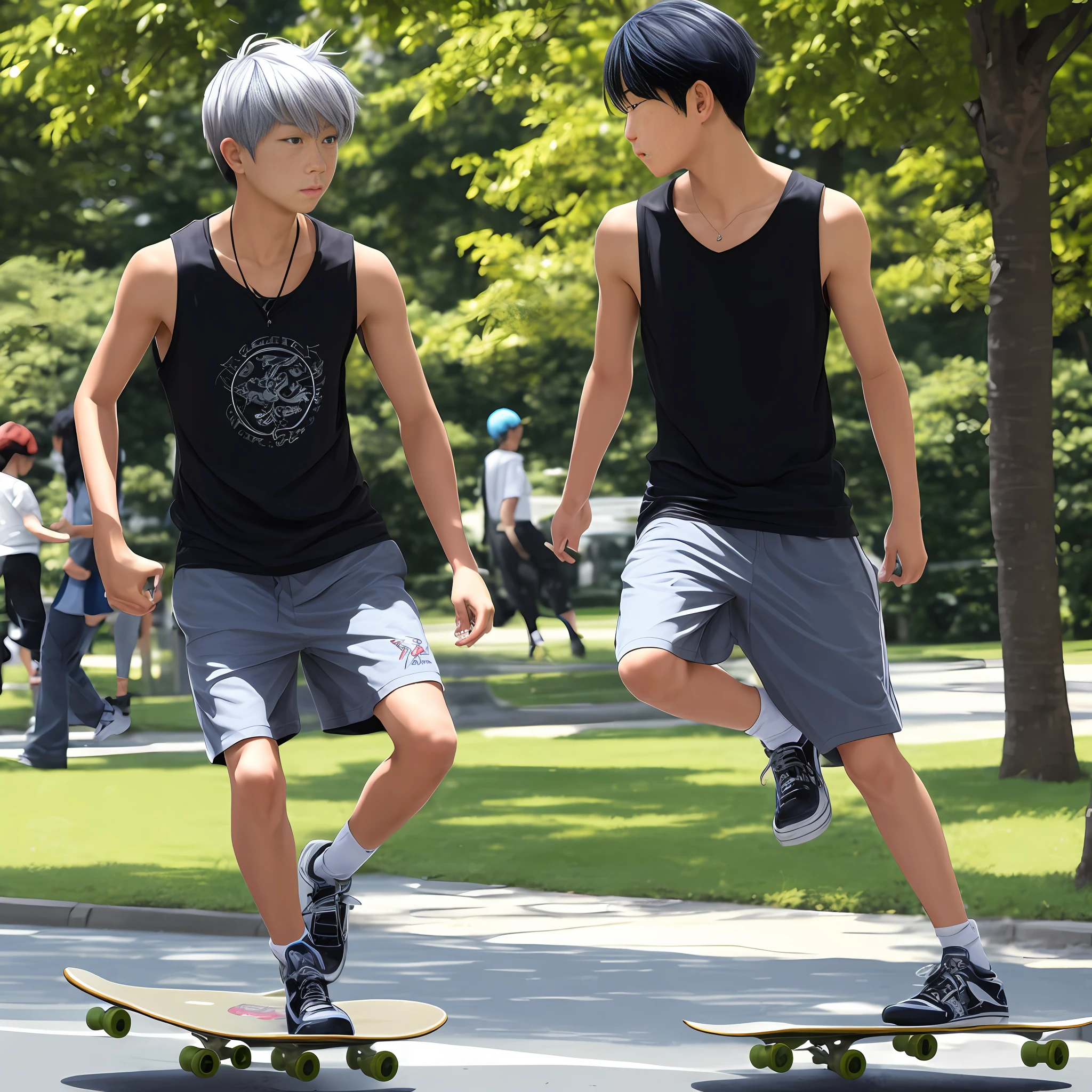 There was a -yeld bokateboarding in the park,He has blue-gray hair,wearing black tanktop。