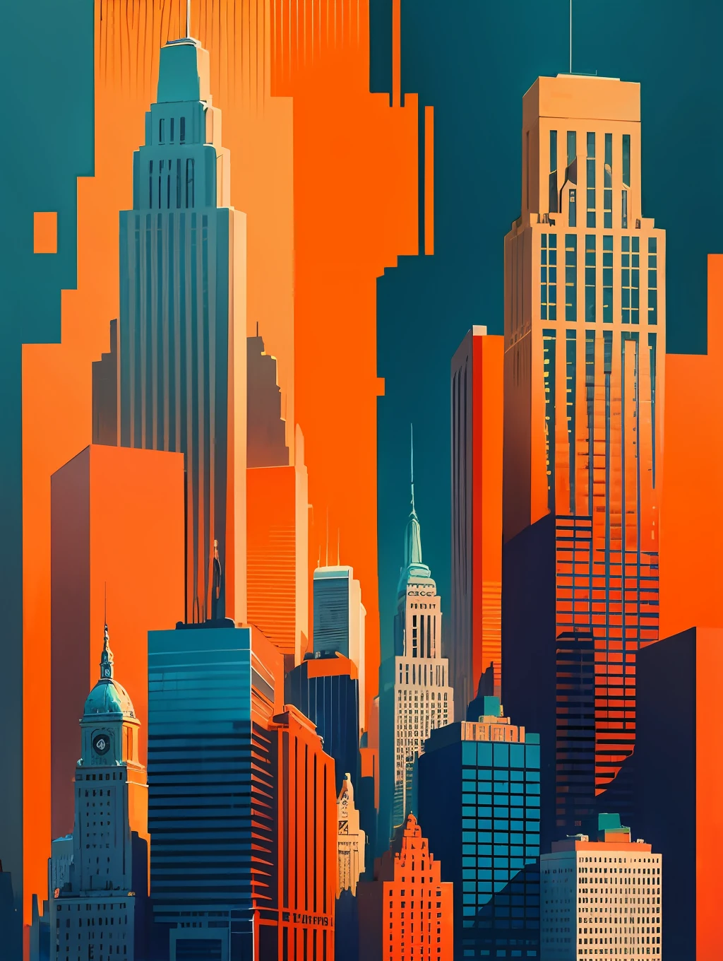 create an abstract style painting, using the buildings of New York as the main theme, in vibrant colours and orange as a background --auto --s2