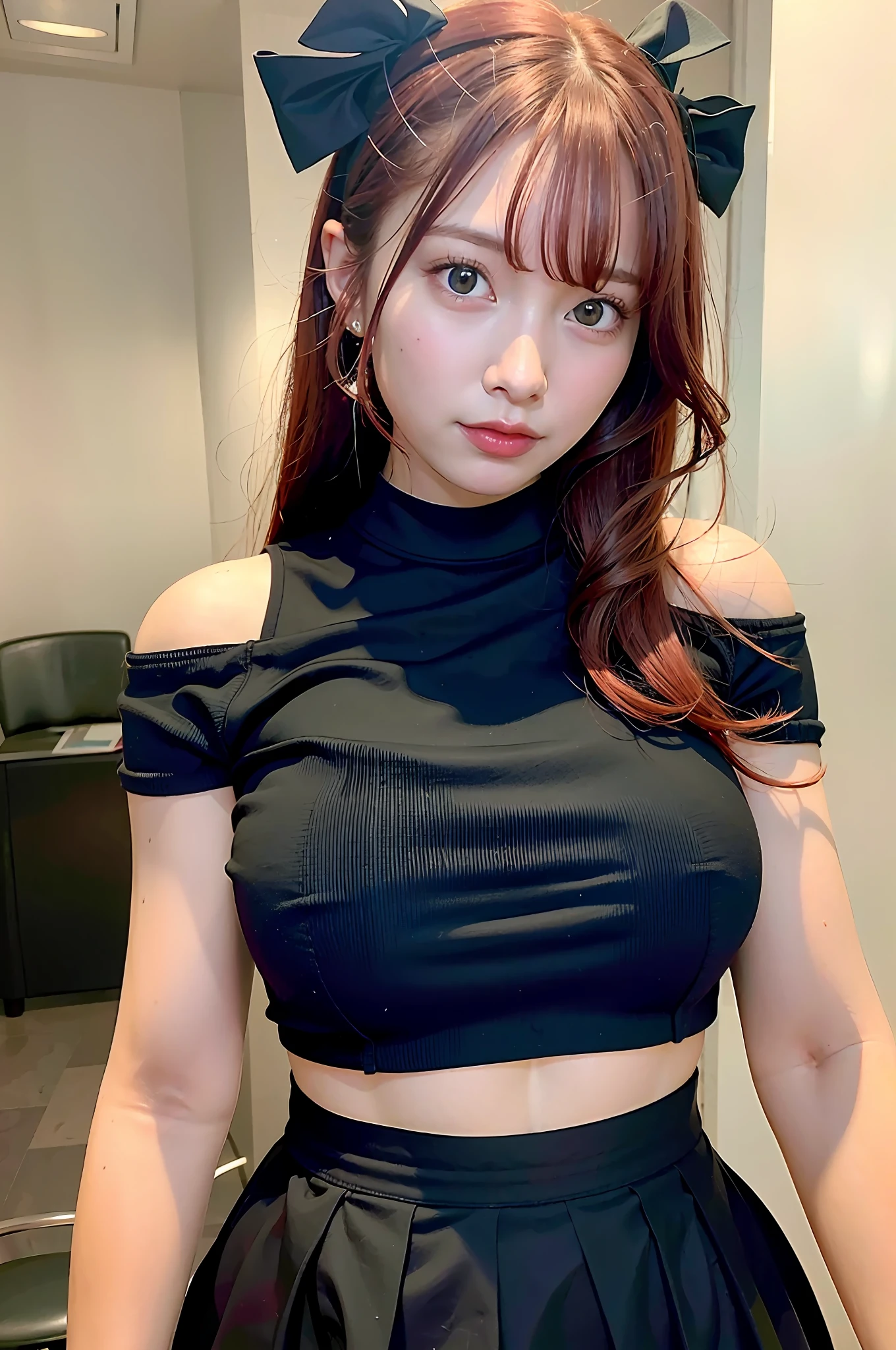 Best Quality, Ultra High Resolution, (Realism: 1.4), 1girl, Red Hair, Noticeable Red Hair, Nice Red Hair, Off-the-Shoulder White Shirt, Black Tight Skirt, Black Collar, (Red Hair: 2), (Huge Tits: 1.2), Looking at the Viewer, Close-up,
