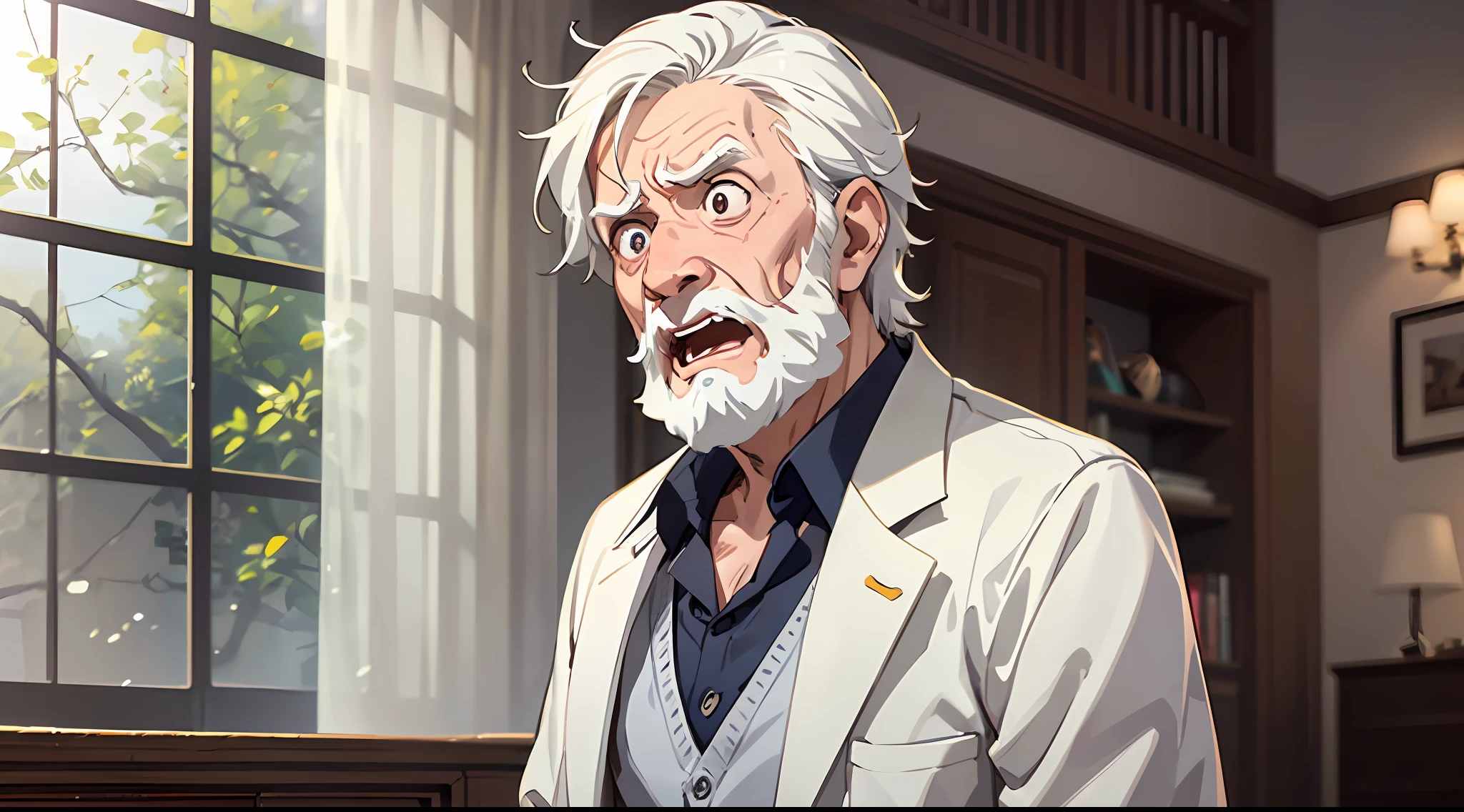 An elderly man male，Wearing a white coat，Short white hair，With a beard，Standing in the living room of the villa，The time is in the evening，(surprised:2)，Throw away crutches，Ultra-detailed CG，exquisite facial features，(Clear facial expressions:2），Detailed digital anime art，digital anime art，High quality anime art style