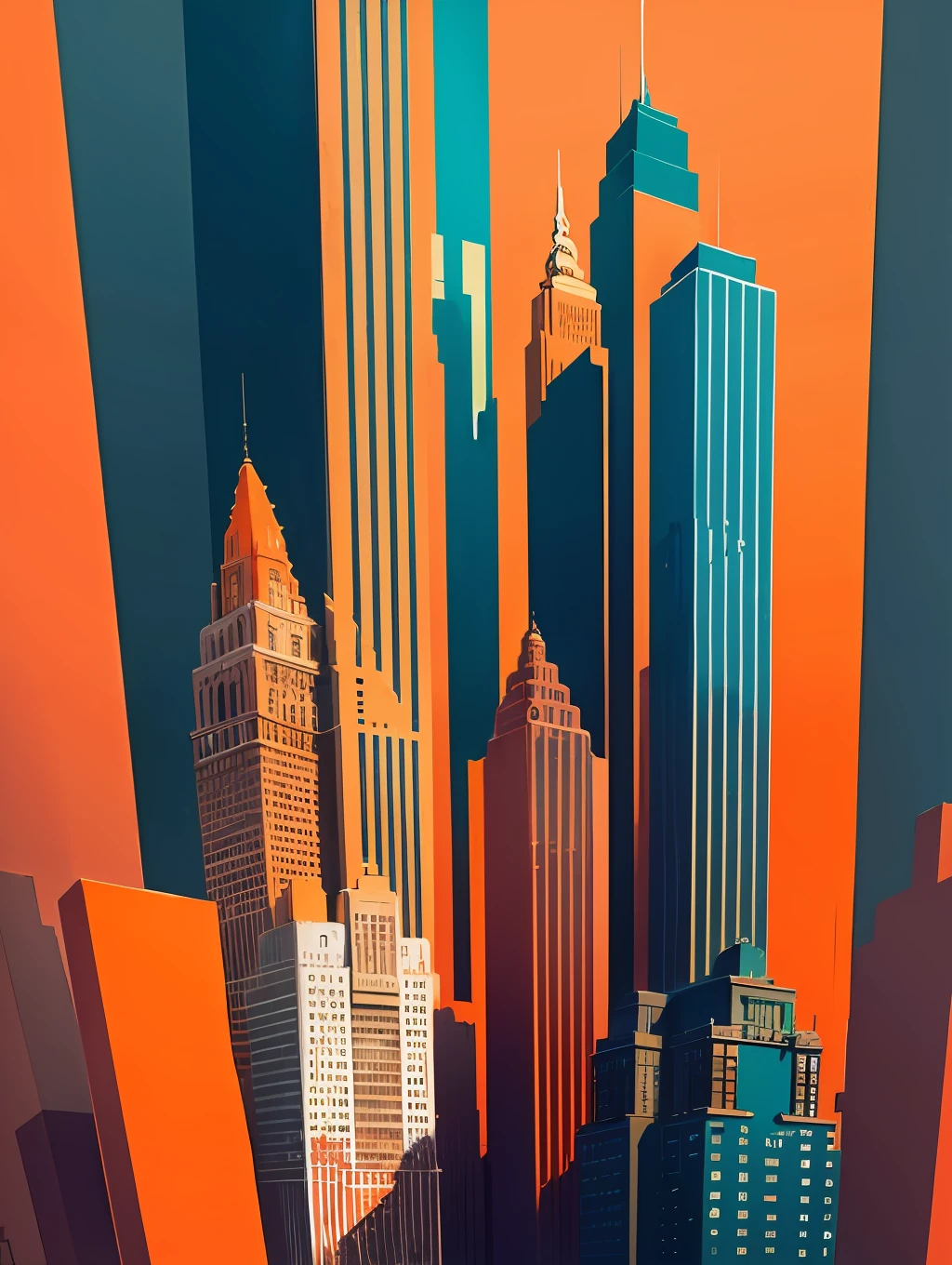 create an abstract style painting, using the buildings of New York as the main theme, in vibrant colours and orange as a background --auto --s2