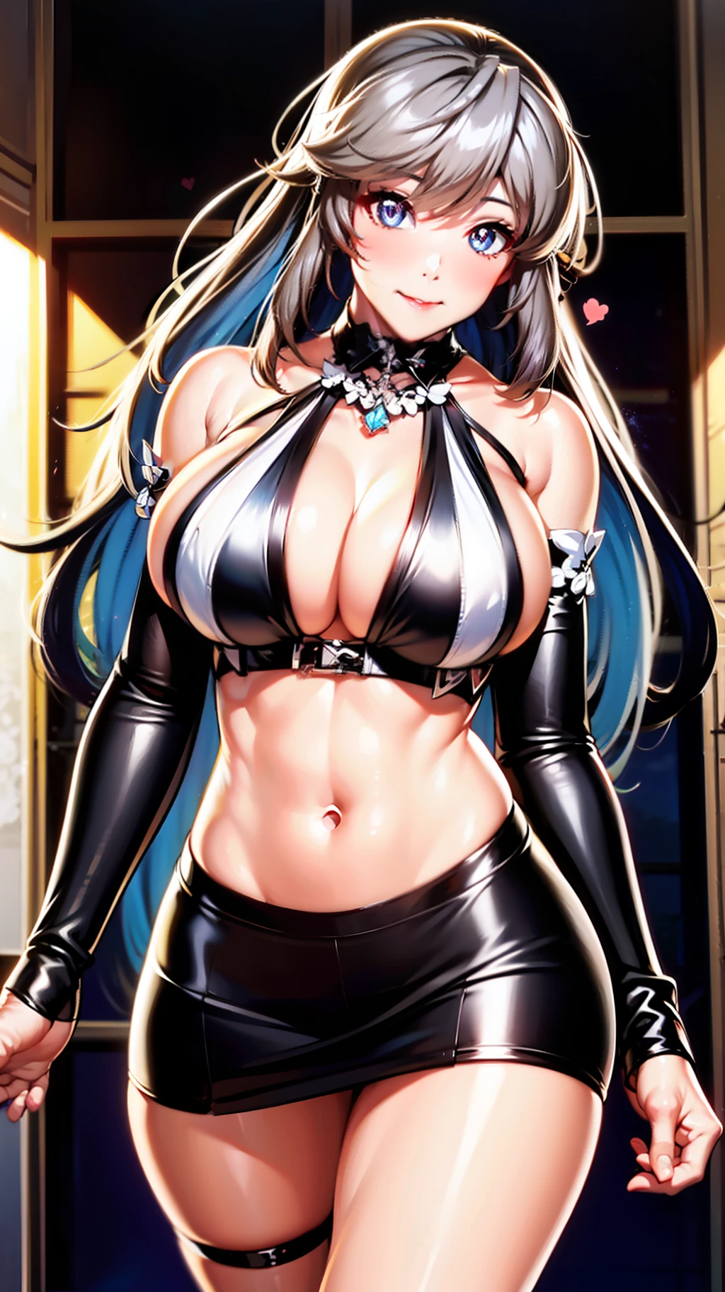 Silver hair, heart - shaped pupils, ultra realist, Genre painting, Hyperrealism, Anime style, stereogram, 8K, Super detail, high-detail, Textured skin, Masterpiece, 16k，Full body photo，Latex miniskirt