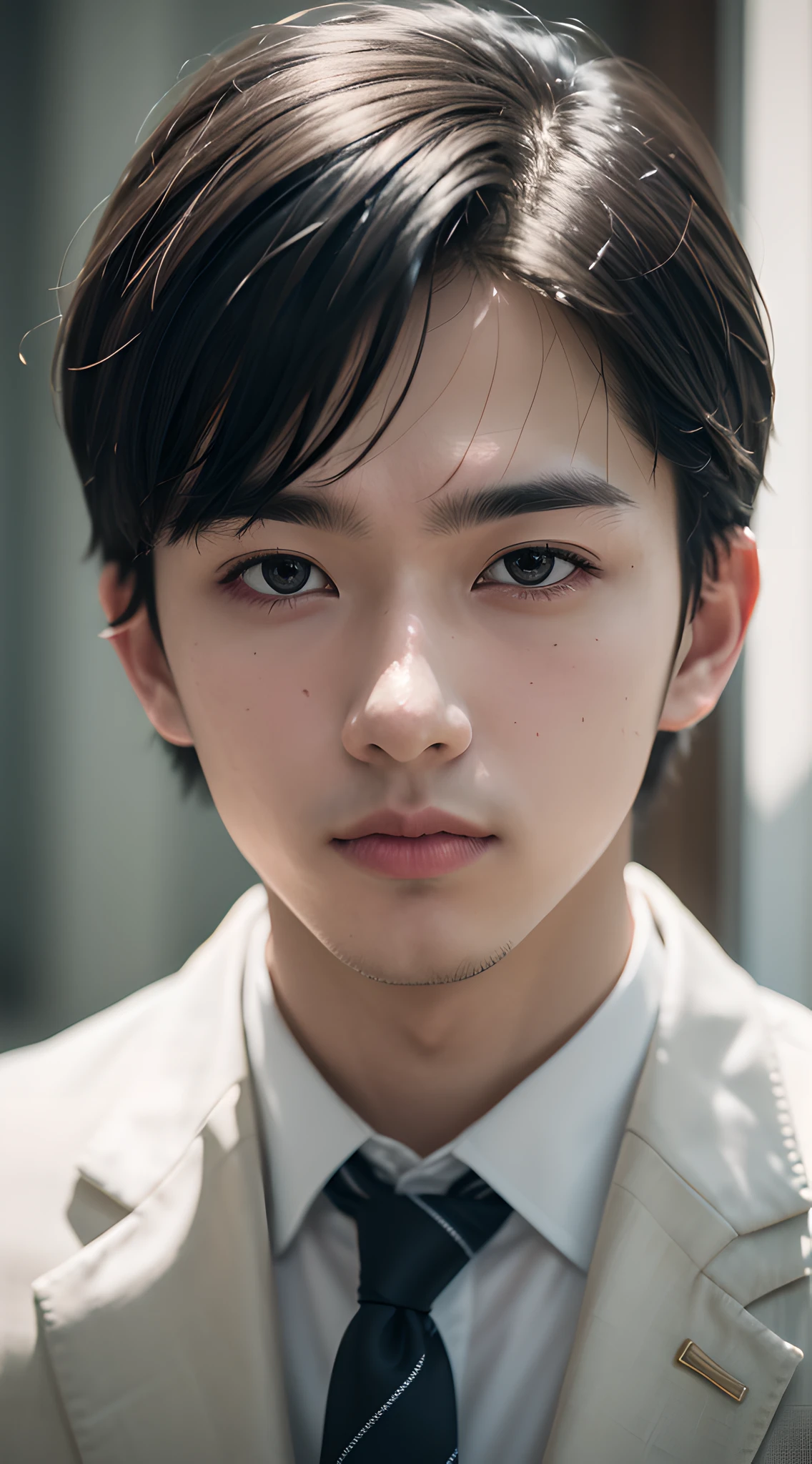 (masterpiece, best quality, raw photo, absurdres, 8k, 50mm:1.2), award winning portrait, beautiful boy, close up, blazer jacket, necktie, diffused lighting, film grain, chromatic aberration, looking at viewer